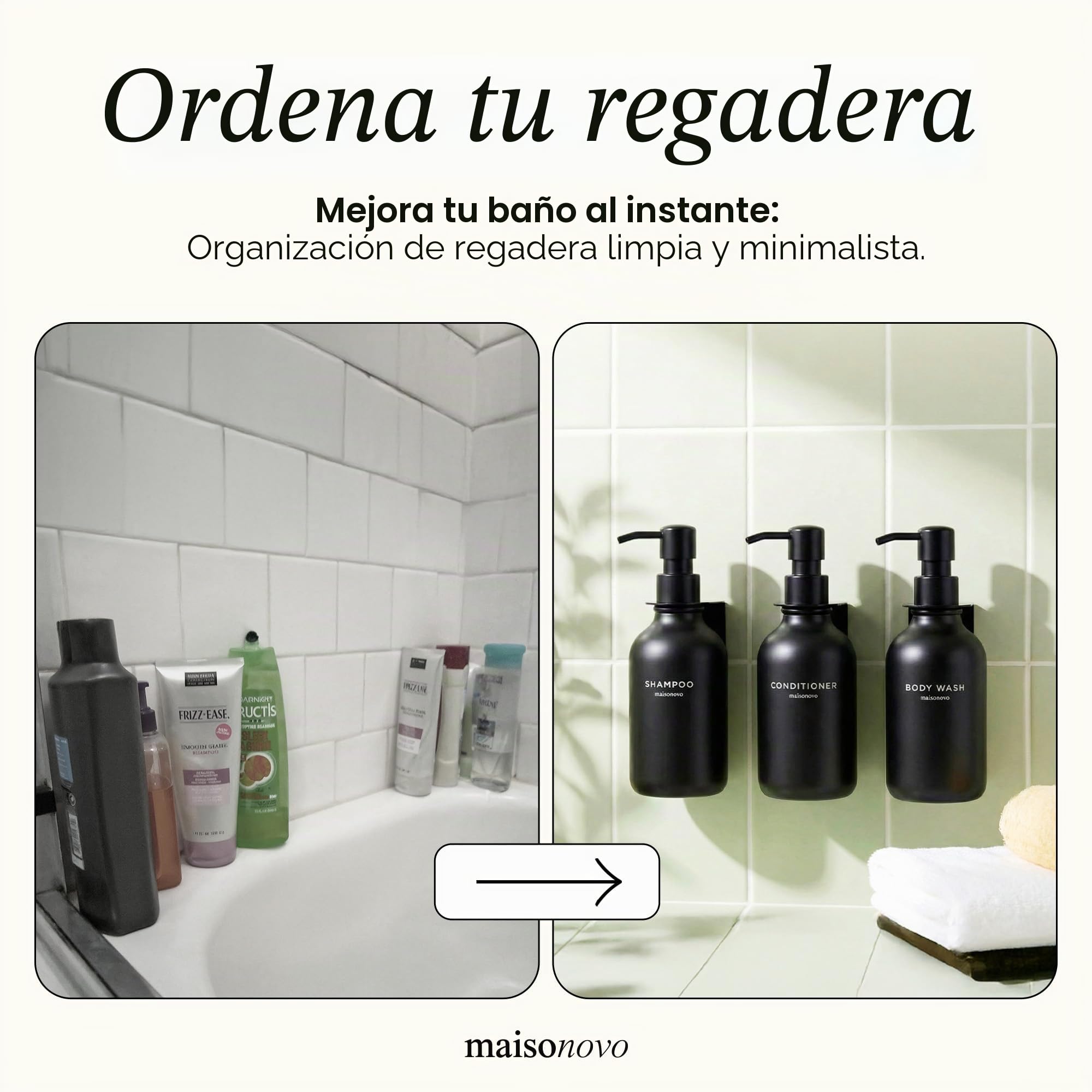 MaisoNovo Dispensador de champú y acondicionador - Dispensador de jabón para Ducha montado en la Pared, Juego de 3 Botellas de plástico Negras con Bombas de plástico Negras