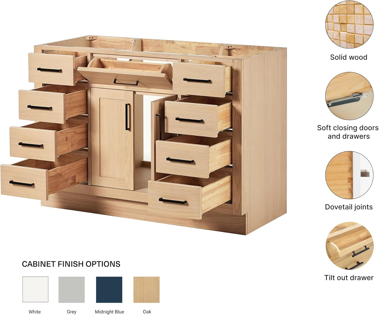 ARIEL Hepburn 48-inch Bathroom Vanity Base Cabinet,Solid Wood, 2 Soft Closing Doors, 9 Dovetail Drawers, White Oak