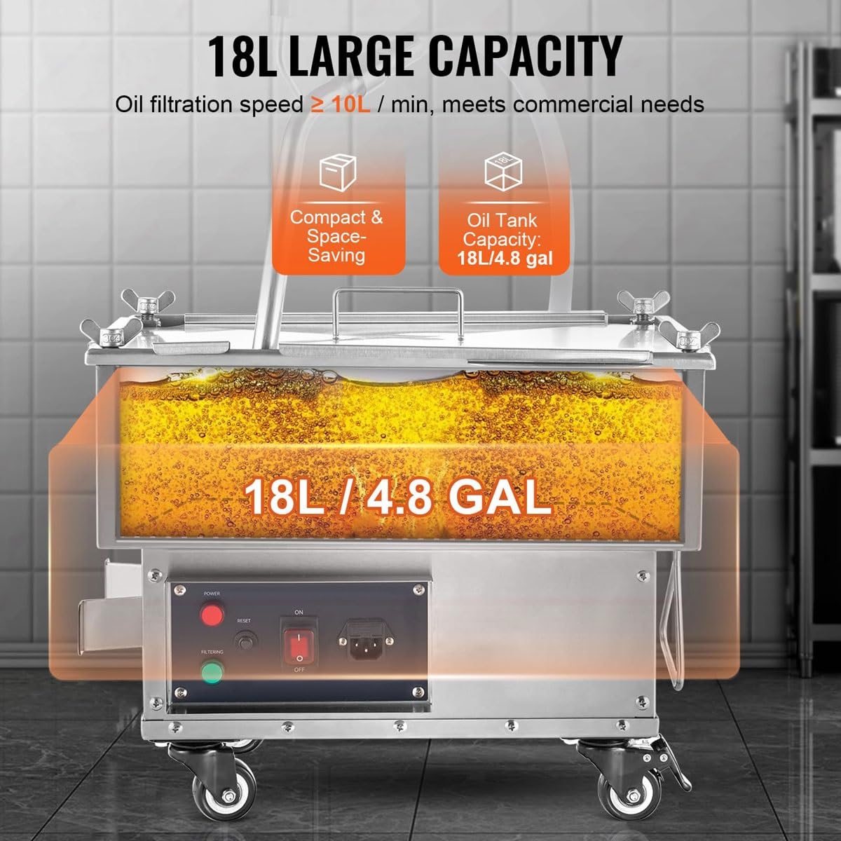 Máquina de filtro de freidora, equipo de filtro de aceite de 18 L, máquina de filtro de freidora móvil, con bomba de 300 W, filtración de 10 l/min, para cocina/restaurante