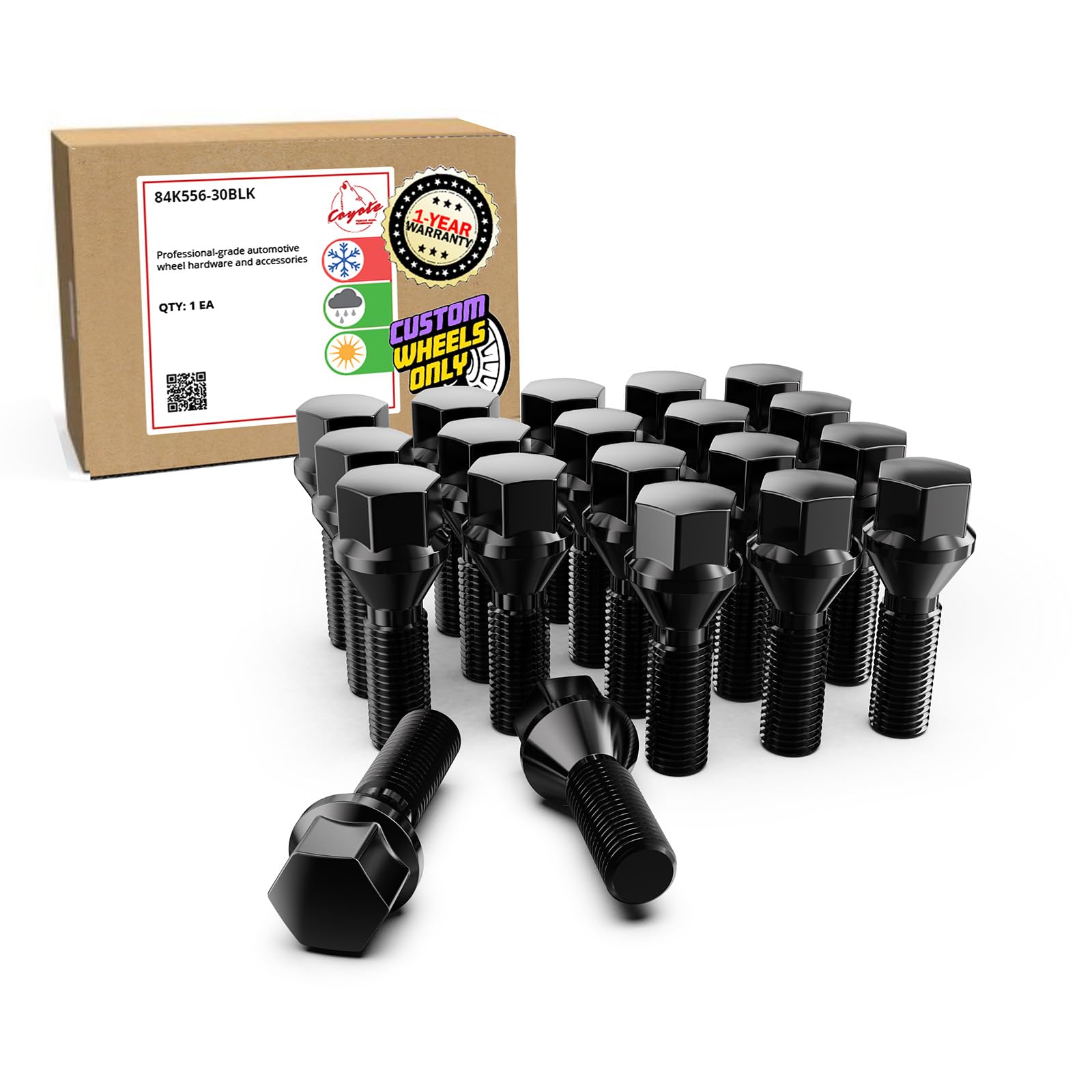 Wheel Accessories Parts 20 Pcs M14 x 1.50 Thread Acorn Seat Lug Bolt Black Finish 30mm Shank Length 17mm Hex fits Land Rover Range Rover ｜ Volvo S60 S90 XC40 XC60 XC70 XC90 ｜ Older BMW