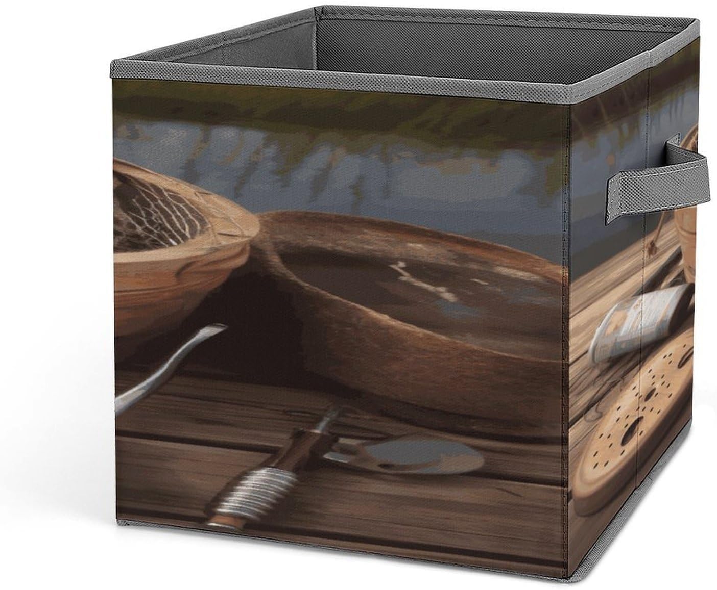 Rustic Fishing Tool Fabric Bins Storage Basket Square Baskets | Storage Bin with Double Handles,Cube Collapsible Organizers for Organization,Closet,Shelves,Offices