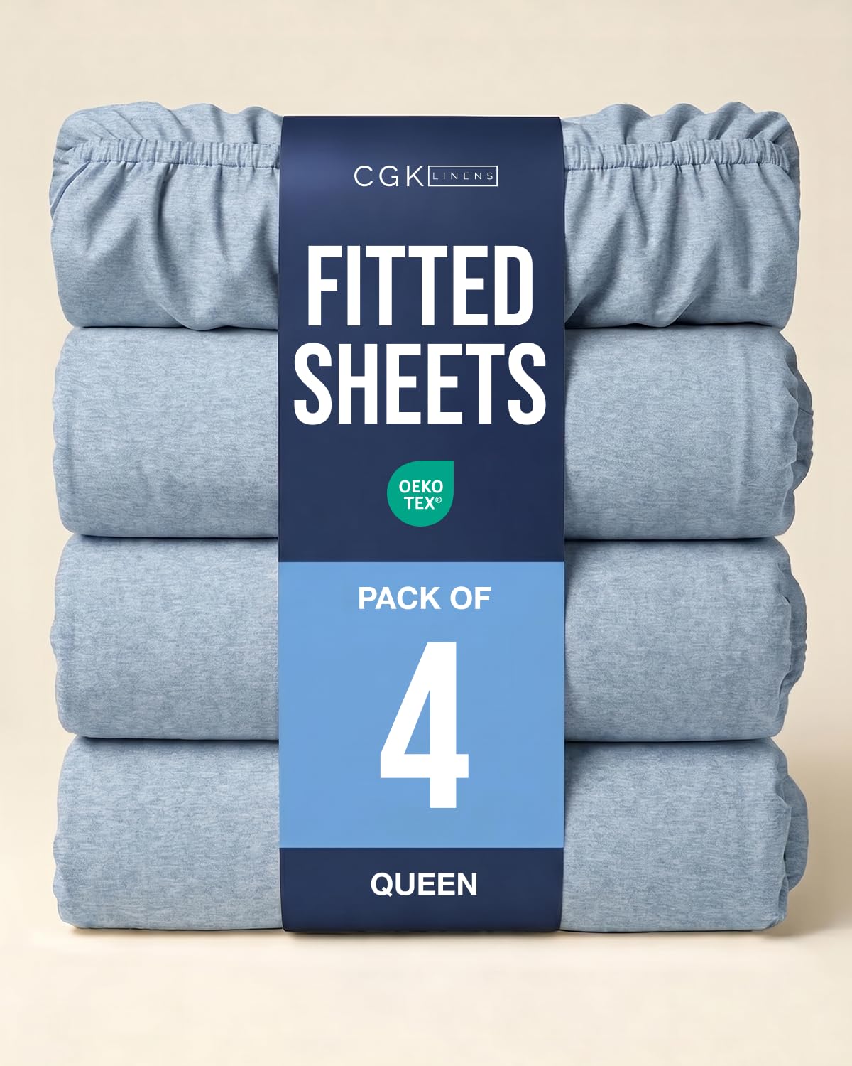 Queen Fitted Sheet - Pack of 4 Single Fitted Bottom Sheet - Heathered Blue