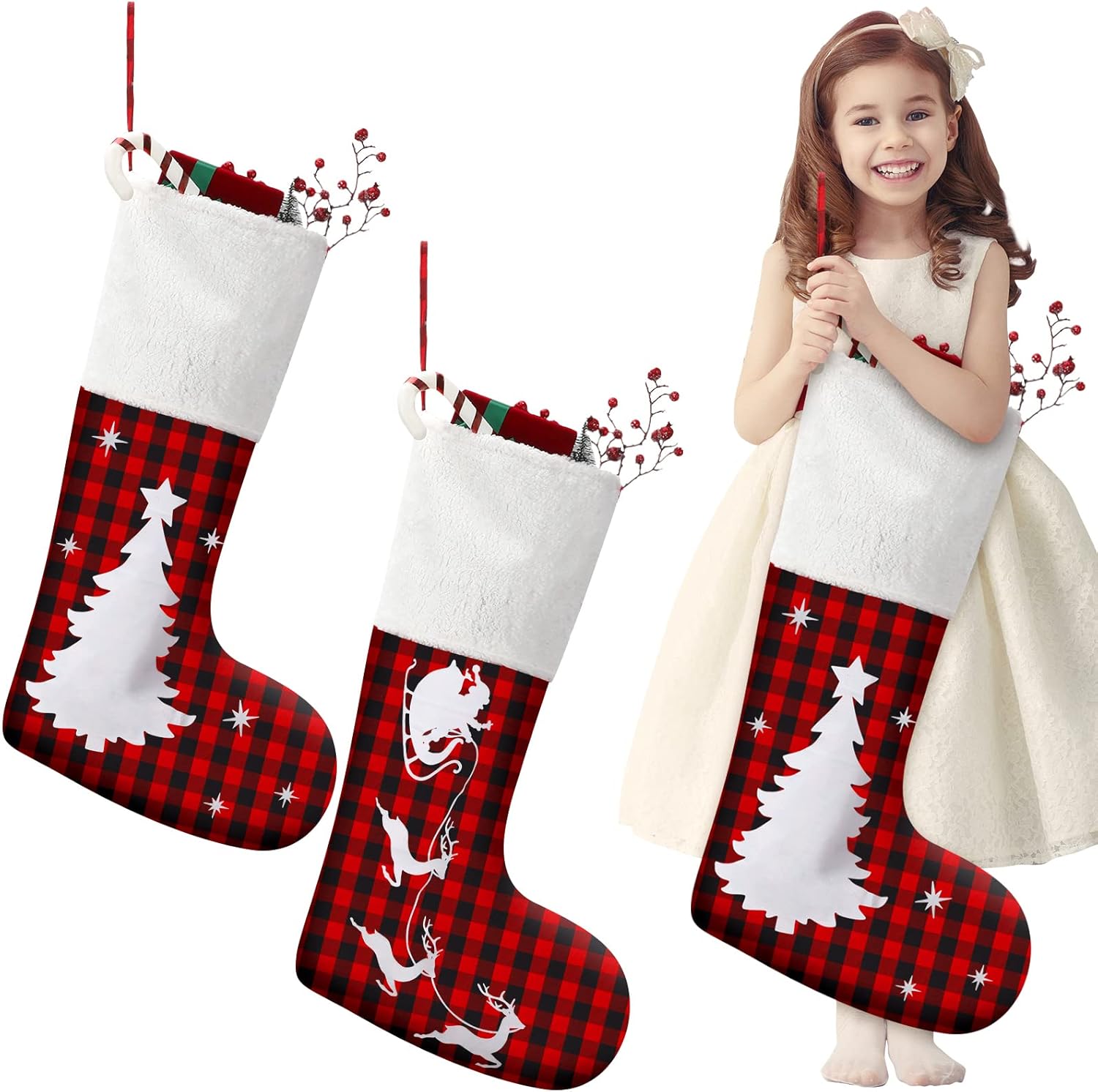 Civaner 2 Pcs 43 Inch Tall Giant Christmas Stockings Buffalo Plaid Red Black Jumbo Christmas Stockings with Plush Faux Fur Cuff Fillable Fireplace Hanging for Xmas Party Decor