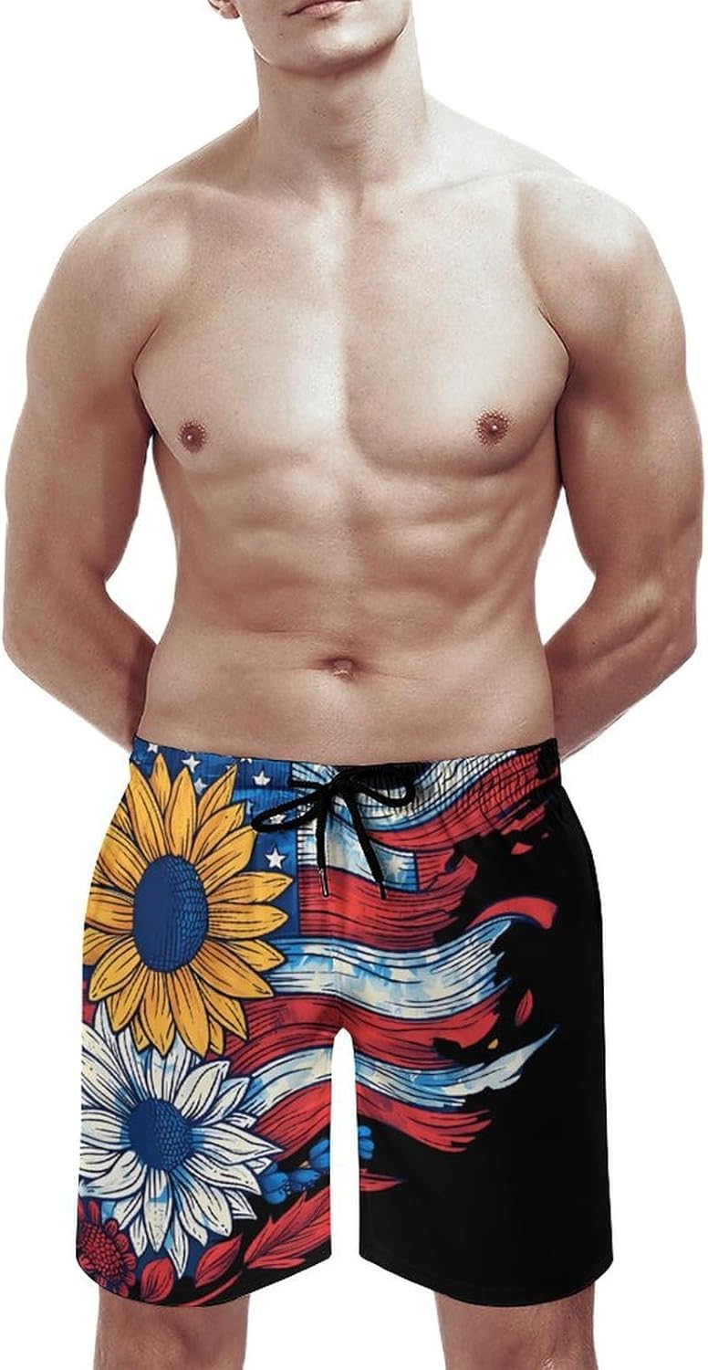 Sunflower U.S. Flag Casual Men's Swim Trunks Novelty Summer Beach Shorts Swimwear with Pocket