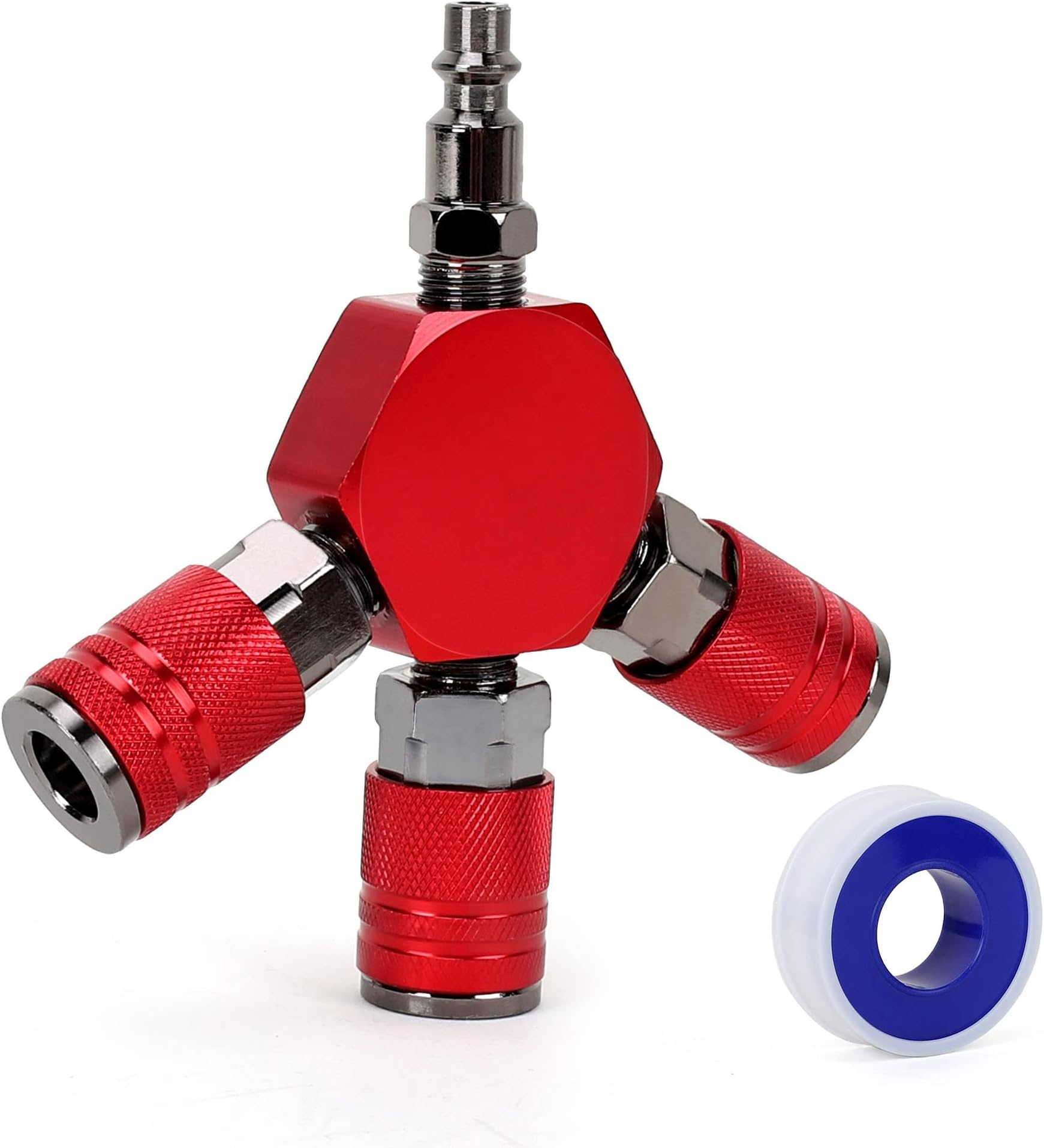 FYPower 3-Way Air Manifold 4 Ports Aluminum Industrial Flat Hex Quick Connect Air Hose Splitter with 3 Steel Couplers and 1/4" Male NPT Plug