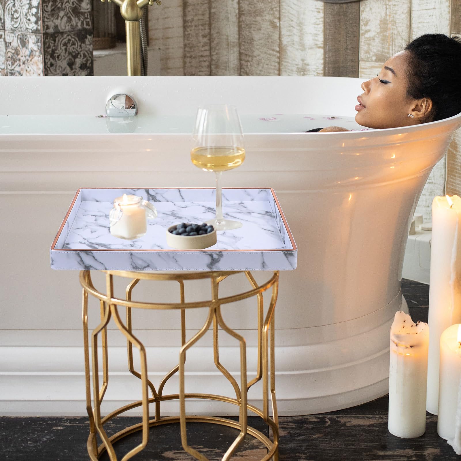 Levemolo Bandeja Organizadora Elegante Diseño de Mármol y Cuero, Almacenamiento Duradero para Joyas y Accesorios de Baño, Adecuado para Tocador Moderno