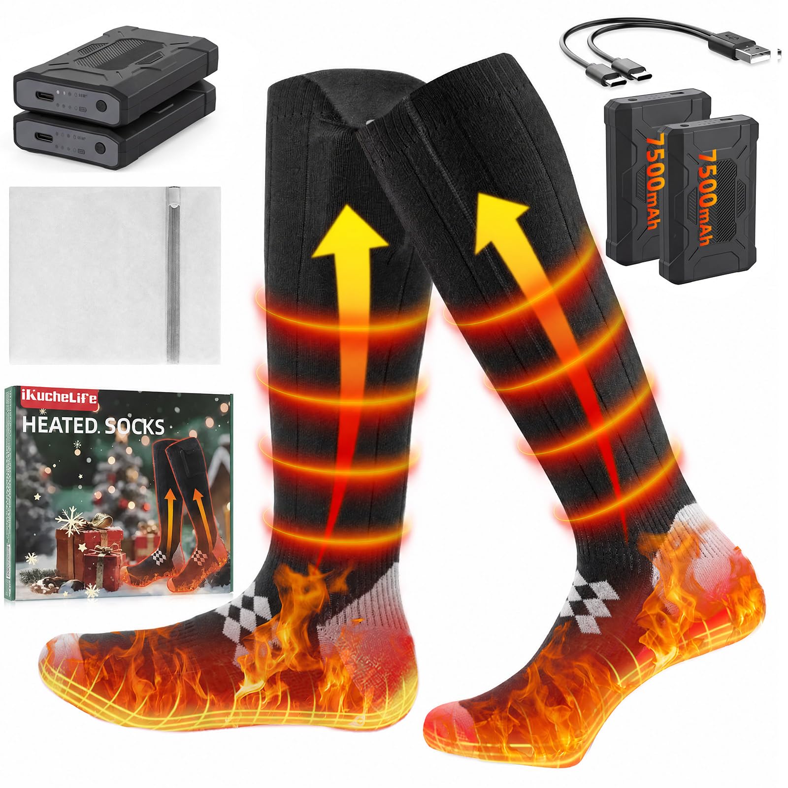 Beheizbare Socken, Heizsocken mit 7500mAh Akku für Innen & Außen Winter | Heizsocken, 16h & 4 Stufen, Beheizte Socken 4-lagig & waschbar, Fußwärmer warm, Heizsocken mit Akku drinnen & draußen.