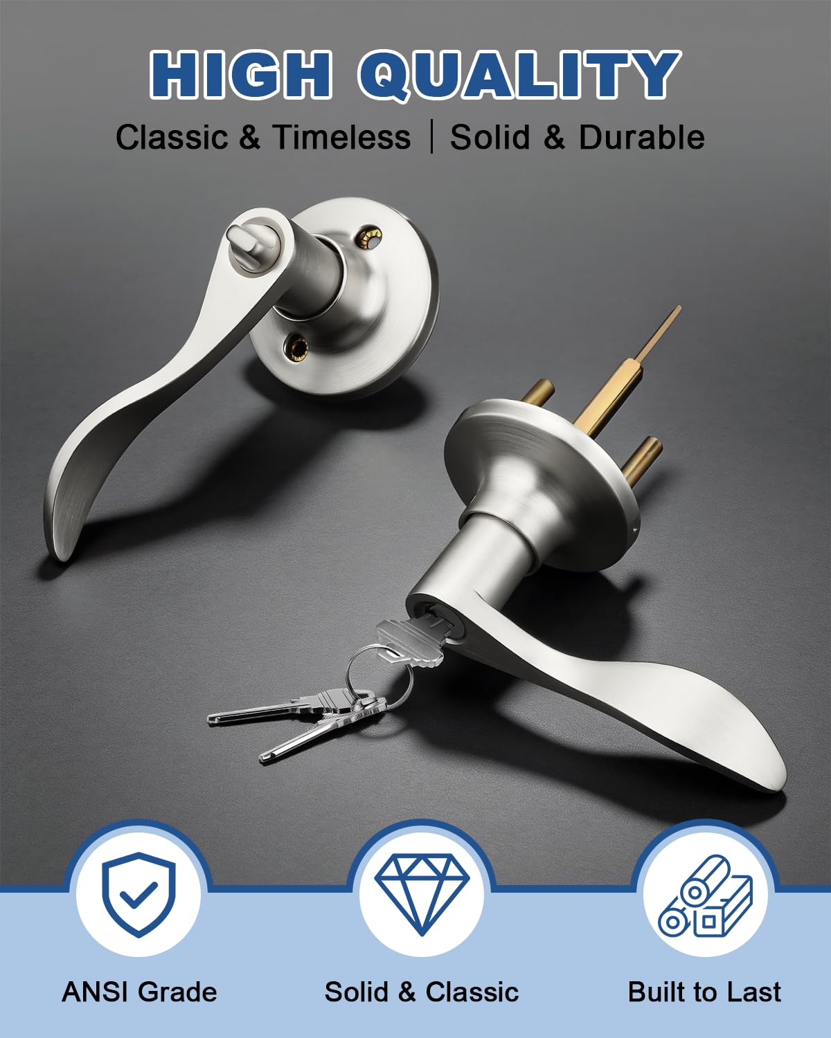 GOBEKOR 1 Pack Brushed Nickel Door Lock with Keys,Wave Style Keyed Alike Entry Door Handles with Lock,Suitable for Indoor/Outdoor and Exterior/Interior - 2