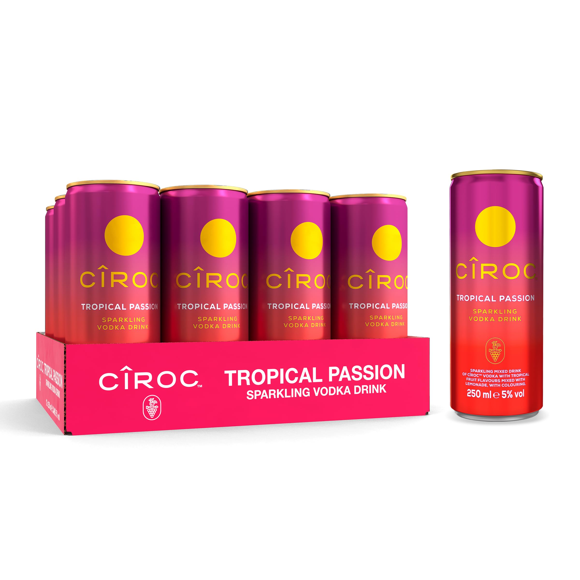 Ciroc Premium Vodka │ Tropical Passion Sparkling Vodka Drink │ 5% vol │ 12x250ml │ Ready To Drink │ Exotic Fruit Flavours │ Cans