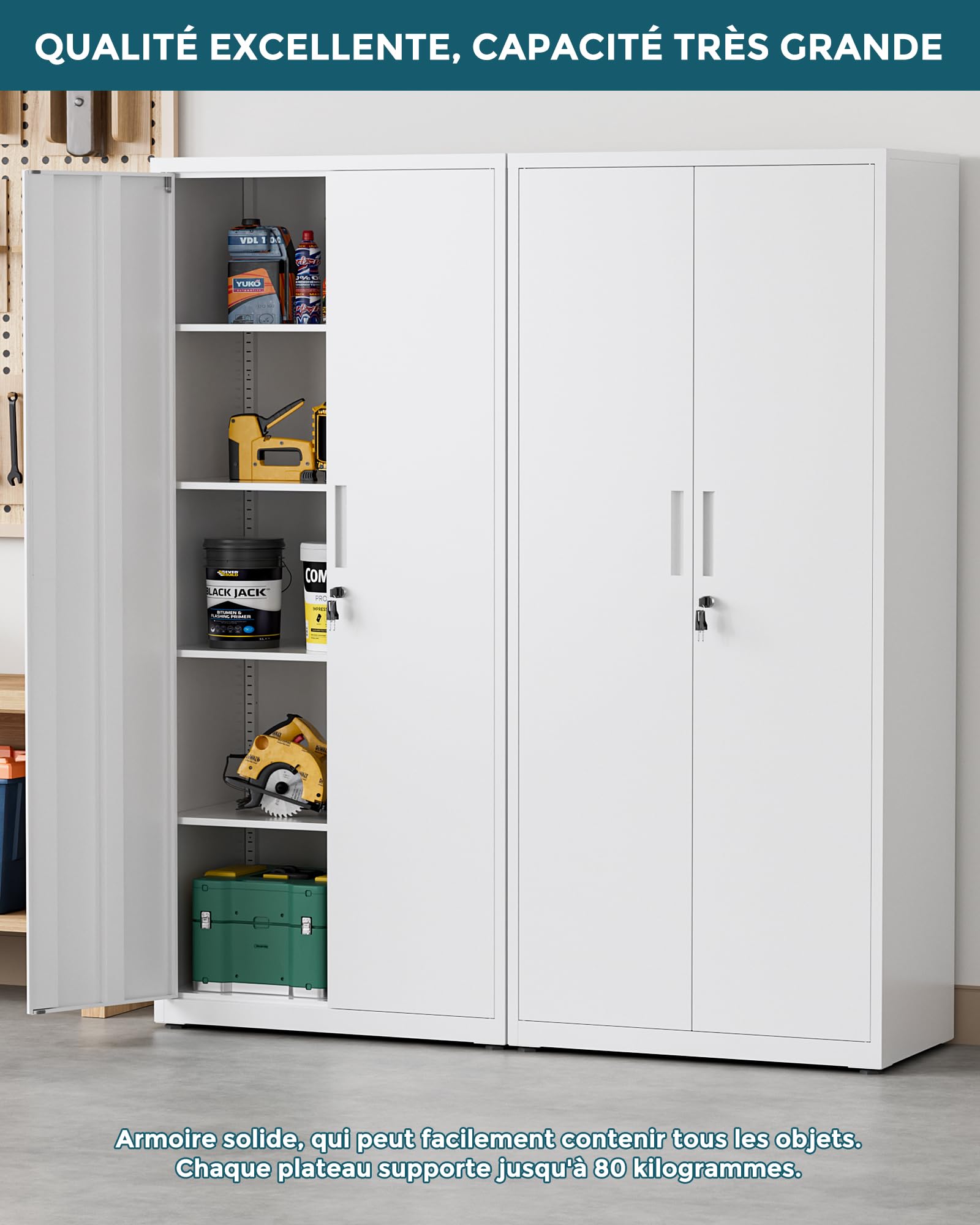 Armoire Métallique 181.5×80×40 cm, Meuble de Rangement de Bureau, 4 Étagères Réglables, avec Serrure, 4 Clés, Adapté aux Bureaux, Garages et Chambres, Blanc