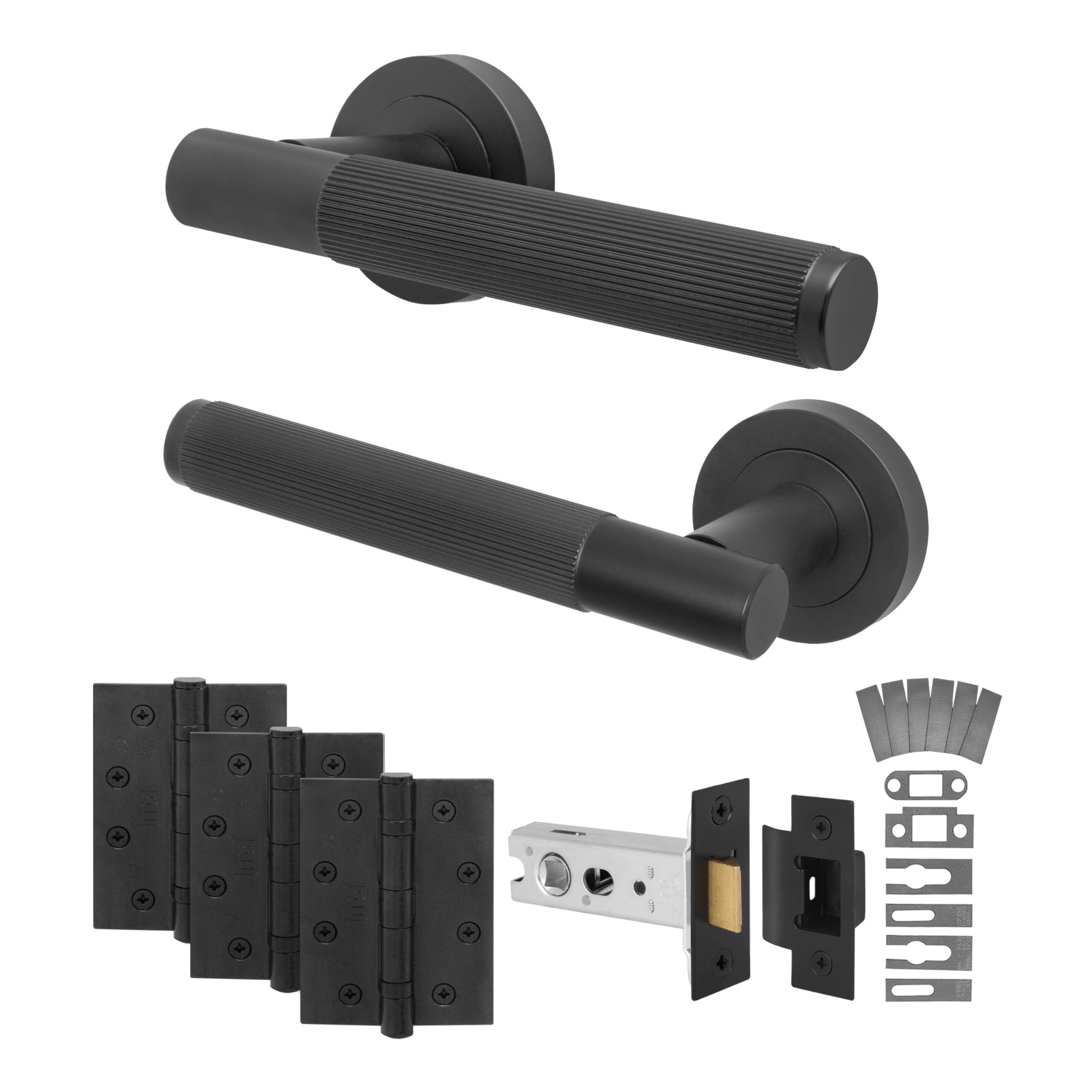 EAI Black Fire Door Handle Latch Set, Matt Black Internal Fire Rated Door Handle with 76mm Latch and 102mm Hinges, Oruro Range 1 Pack