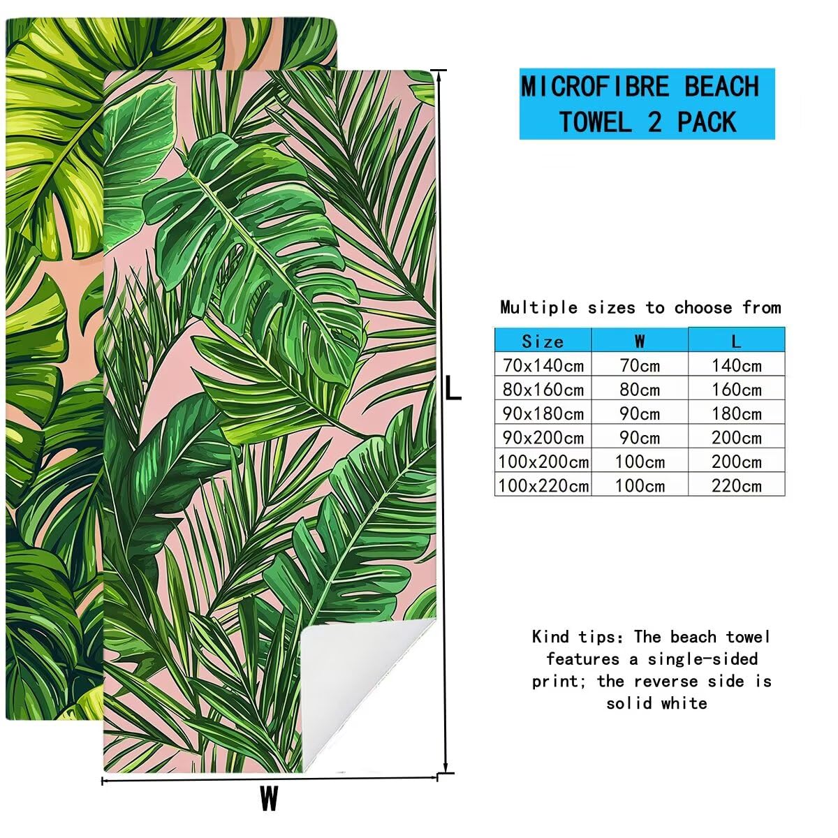 Duży ręcznik plażowy 100 x 220 cm, zestaw 2 arkuszy ręczników z mikrofibry, szybkoschnący ręcznik na siłownię kompaktowy, odporny na piasek ręczniki z mikrofibry do pływania podróży sportu, prezent
