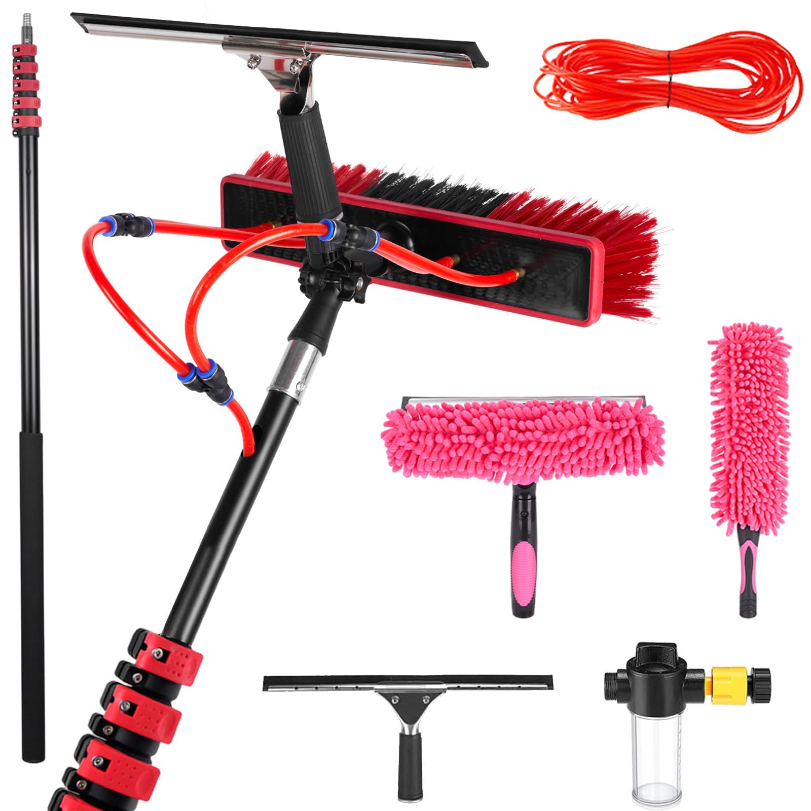 GYEQXKT 10.8m Telescopic Water Brush - Roof & Solar Panel Cleaner, Window Cleaning Kit with Soap Dispenser & Squeegee (35cm Brush - 6m Extension)