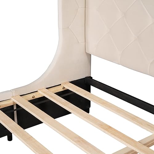 Miniatura 6 de SOFTSEA Cama de plataforma tapizada tamaño Queen con cajón de almacenamiento, marco de cama tapizado con cabecera con respaldo de alas, soporte de