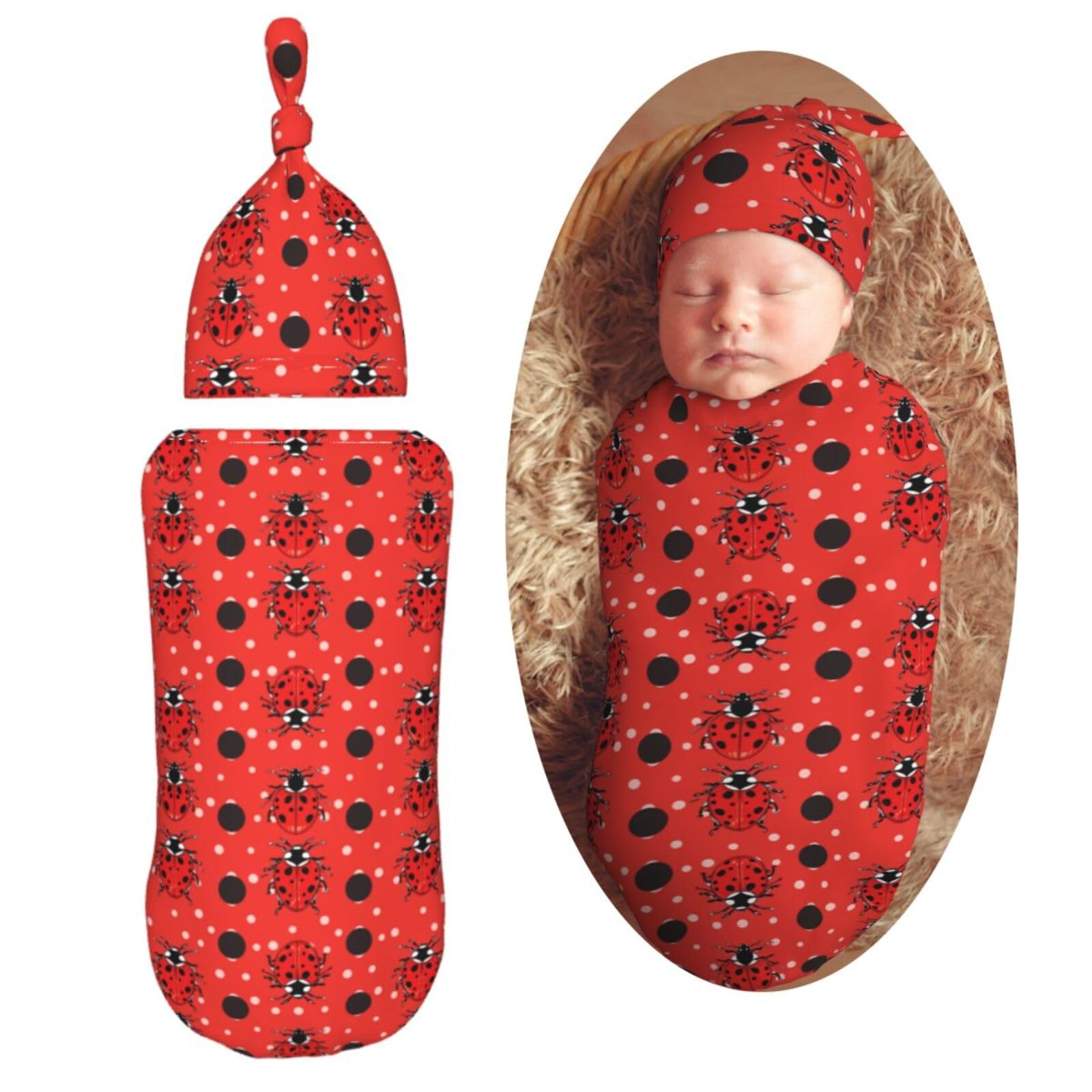 Polka Dot Ladybug Newborn Swaddle Blankets Hat Sets Soft Baby Receiving Blanket Swaddle Sack for Baby Shower Infant Boy Girl Gift