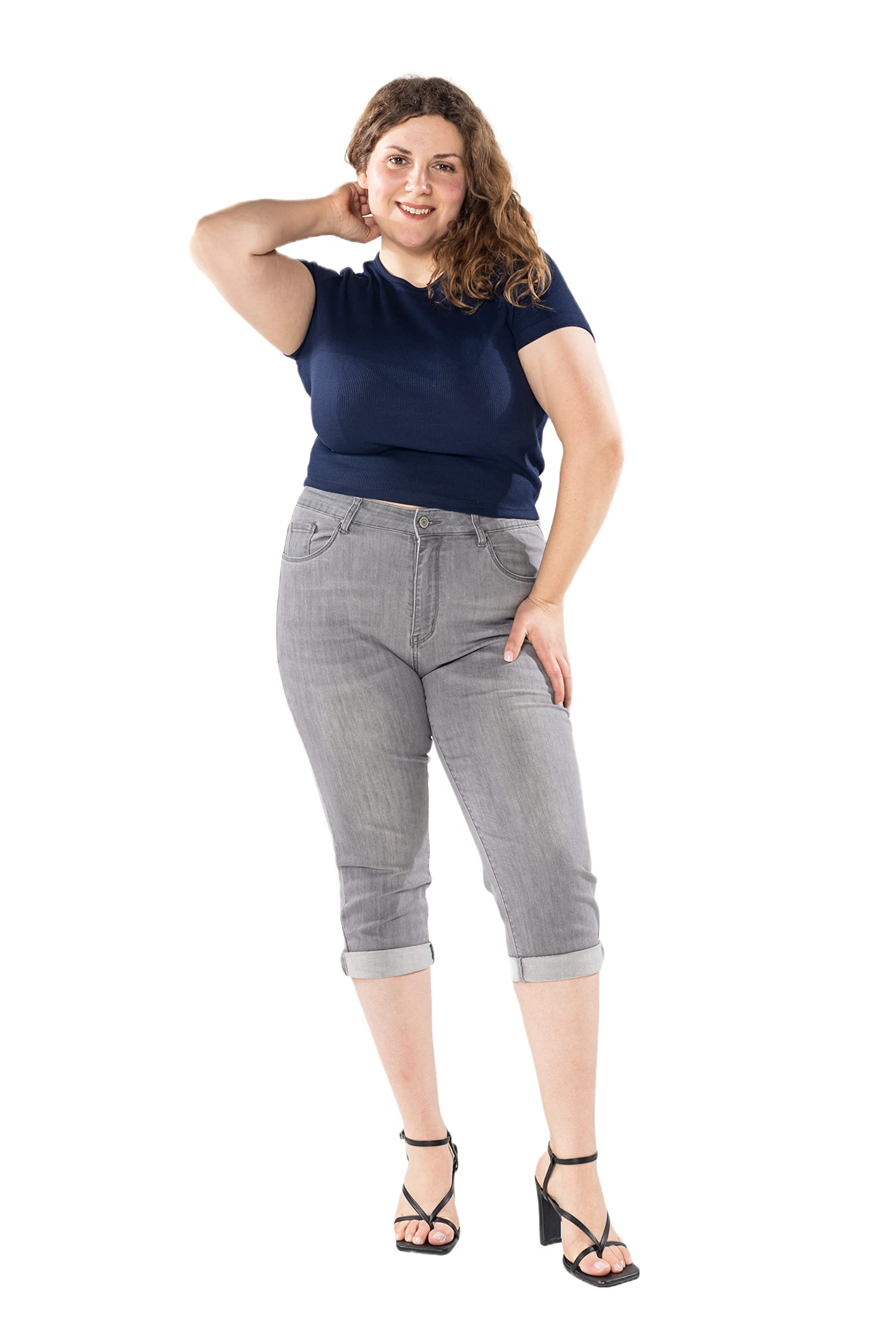Nina Carter P200 Damen Capri Jeanshosen Große Größen HIGH Waist Jeans Sommer Hose Used-Look