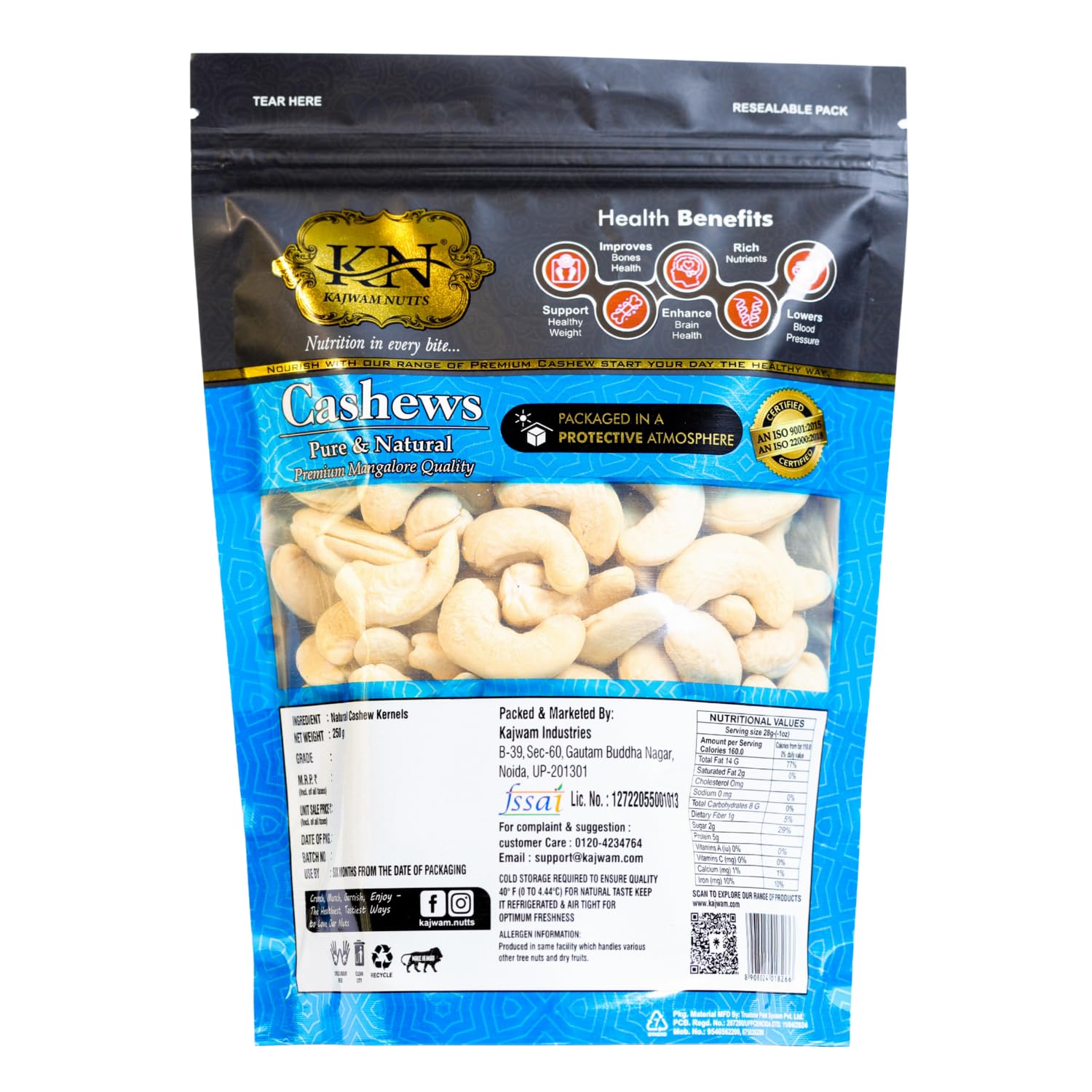 KAJWAM NUTTS Whole Crunchy Fresh Premium Raw Cashews W240 | Kaju Nutritious Dry Fruits (250g, Pure Cashews) 1