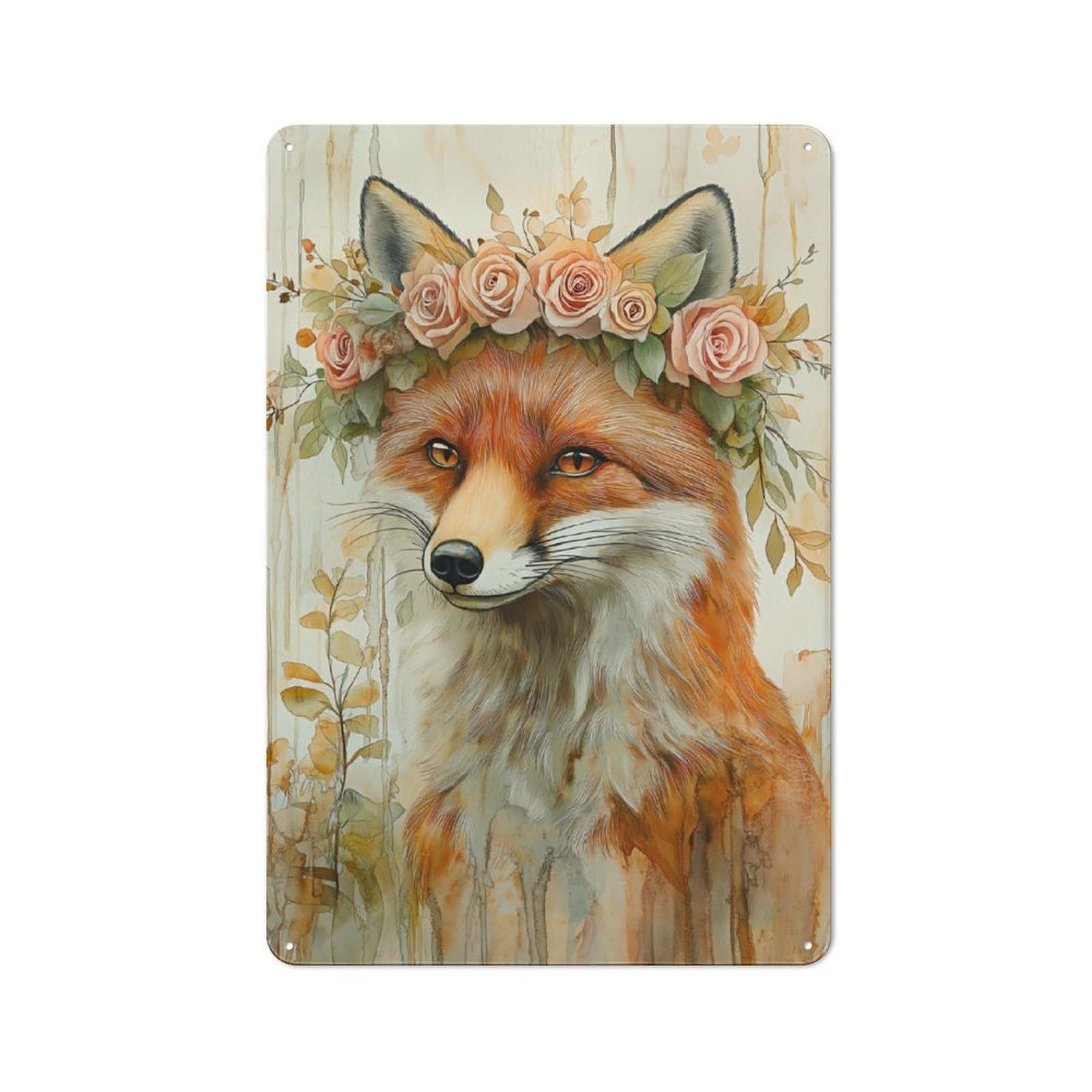 Junmoney Fox With Floral Crown Metal Sign 30X20cm With For Workshop Wall, Rustic Decor, For Garage, Workshop And Man Cave Decoration