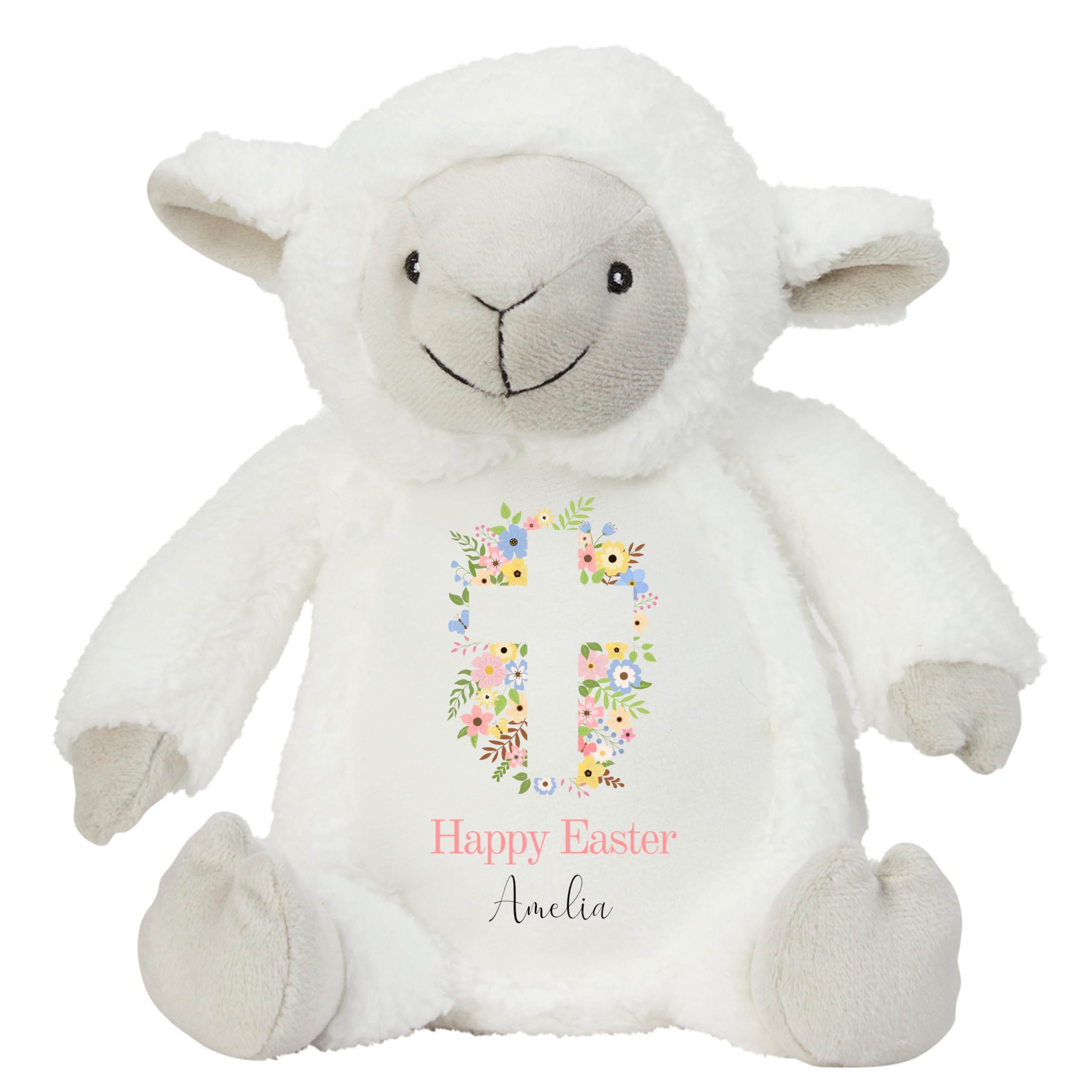 HotScamp Personalised Easter Bunny with Name - Happy Easter Cross Flowers Christian Jesus - Soft Toy for Baby, Toddler, Children, Kids, Babies Spring Time - White Sheep Lamb — image 1