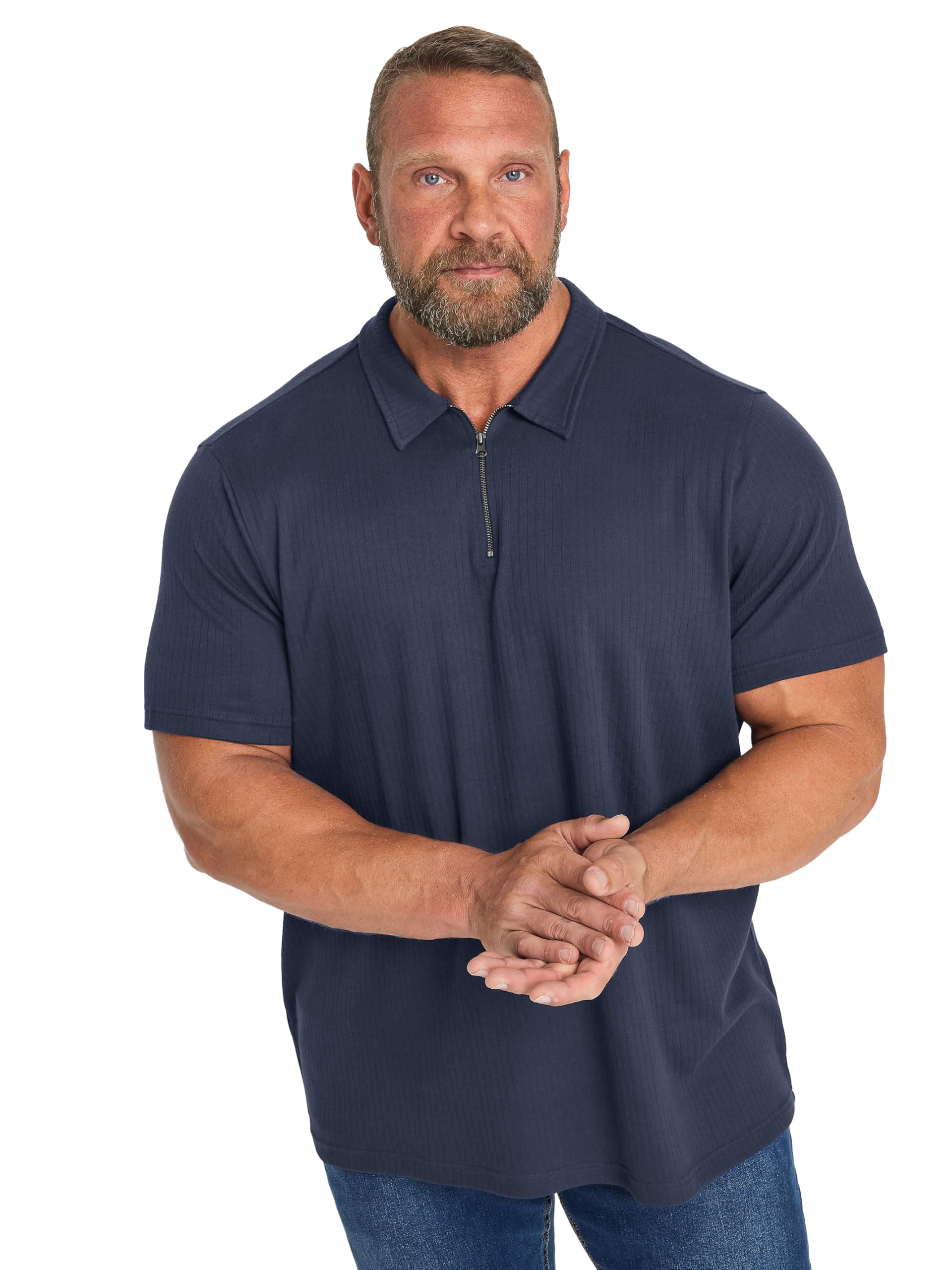 Badrhino Men's Blue Big & Tall Navy Jacquard Zip Neck Polo Shirt - Plus Curve 3XL Plus