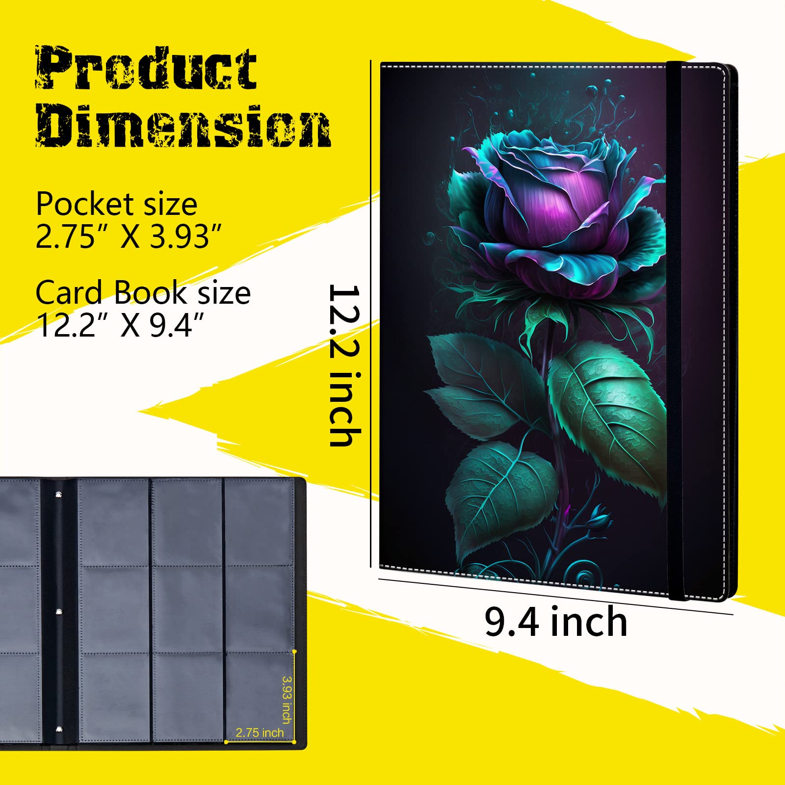 Trading Card Binder,9 Pocket Trading Card Binder Album Folder,900 Side Loading Pocket Card Collection Binder,for MTG,TCG,Sport Baseball Collector,Leather black Card Binder,Blue Rose Flower