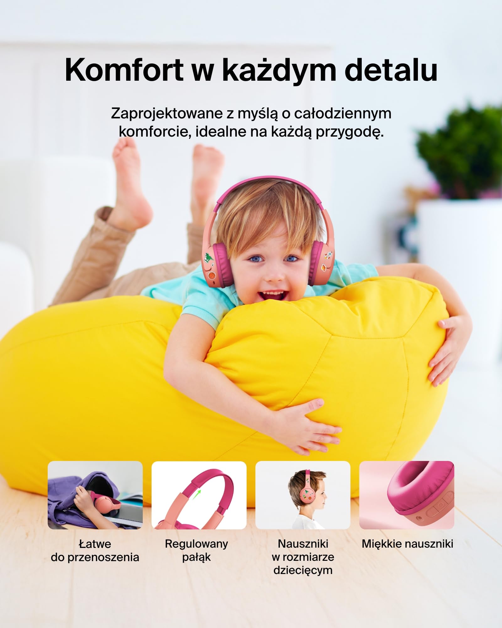 Bezprzewodowe słuchawki dla dzieci Belkin SoundForm Mini, wbudowany mikrofon, 30 h odtwarzania, z naklejkami – nauszne słuchawki do nauki zdalnej, szkoły, podróży, iPhone'a, iPada, Galaxy – różowe