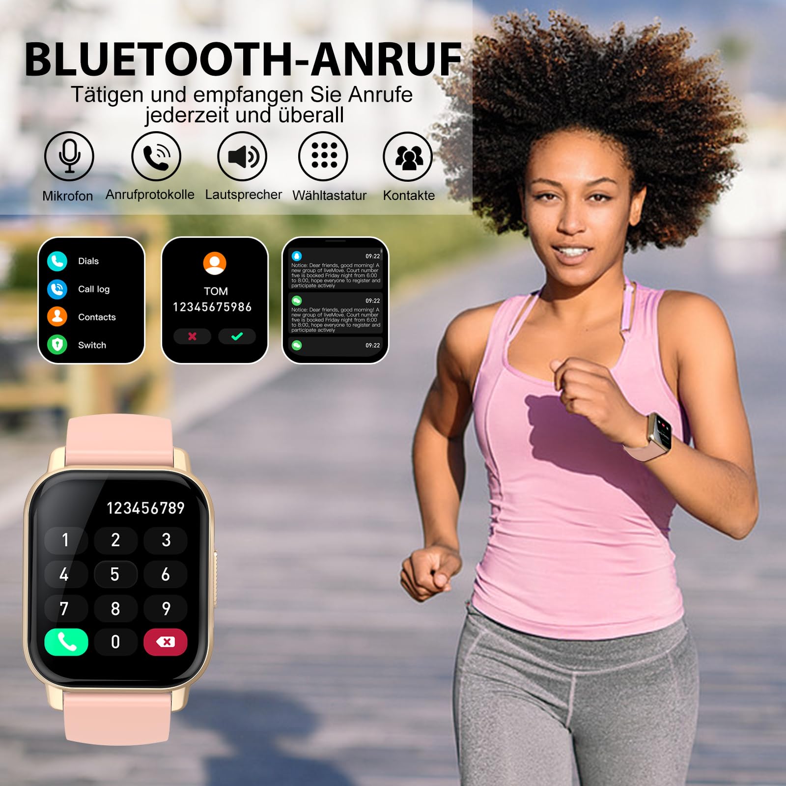 Smartwatch Damen Herren mit Telefonfunktion, 1.85'' HD Smart Watch, 112+ Sportmodi Sportuhr mit Pulsuhr/Schlafmonitor, IP68 Wasserdicht Fitnessuhr mit Information Erinnerung für iOS Android, Roségold