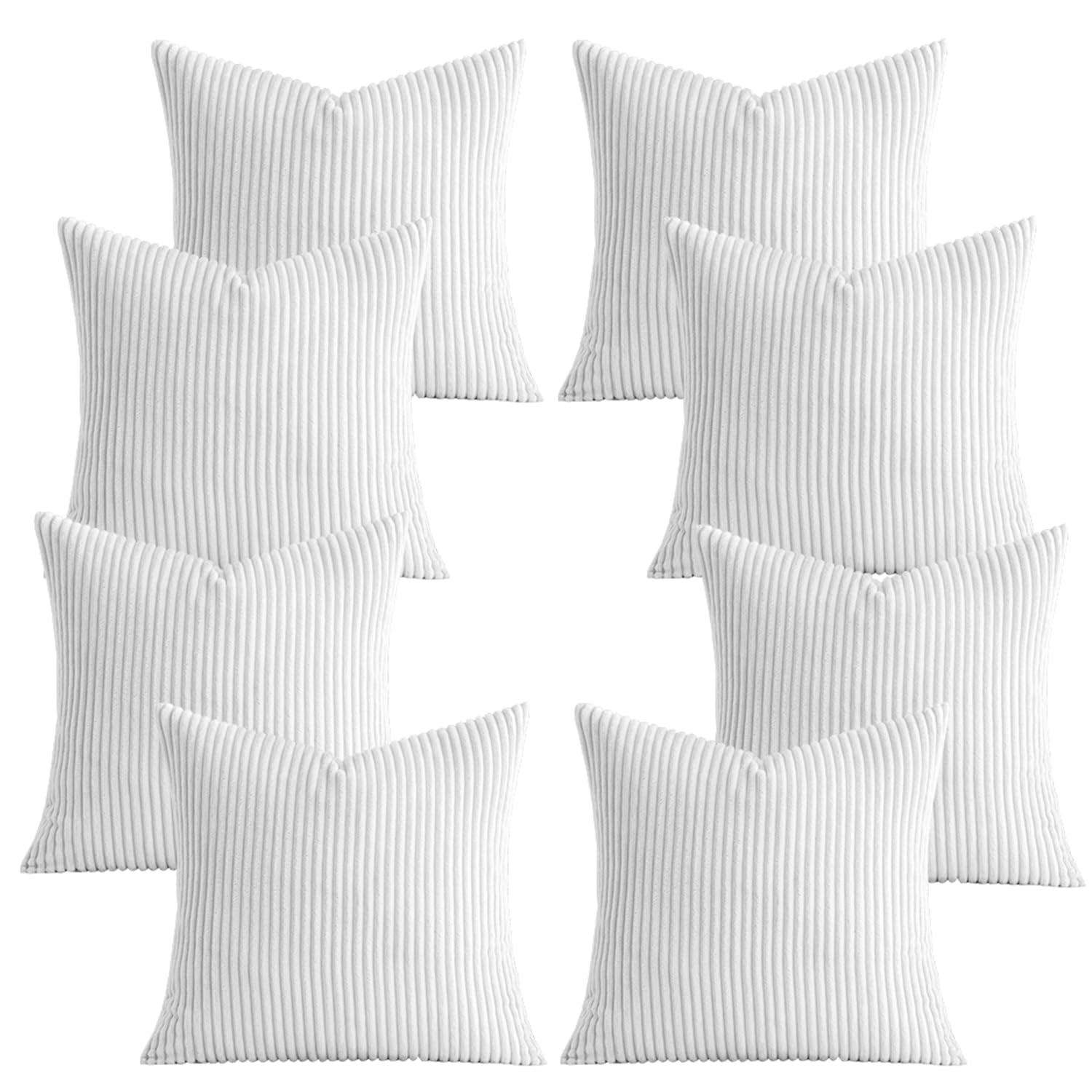 AMEHA Set of 8 Pcs Soft Stripe White Velvet Cushion Covers 45 x 45 cm with Invisible Zipper Decorative Square Throw Pillowcases for Livingroom, bed, couch, office (18x18 inch Stripe Cushions)