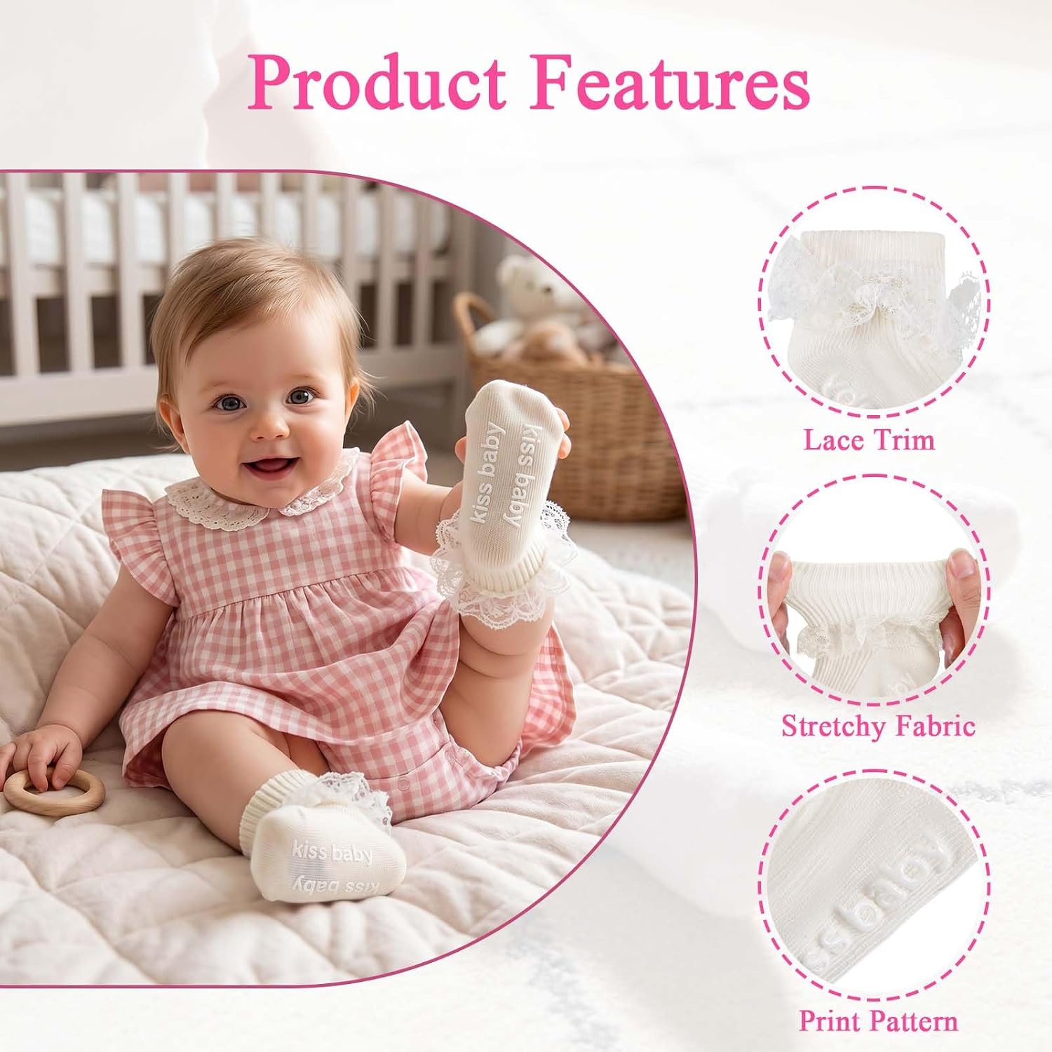 Baby Girl Ruffle Socks with Grips Turn Cuff Ankle Lace Frilly Dress Socks for Newborn/Infant/Toddler/Little Kids