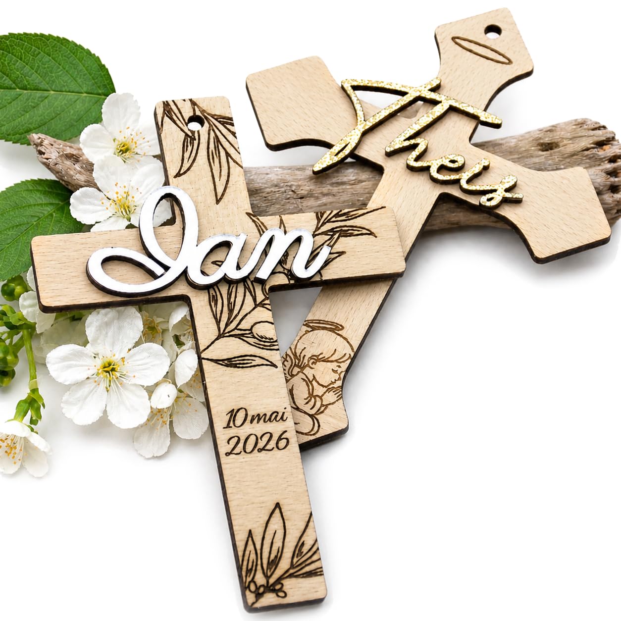 Croix de Baptême Personnalisée en Bois - Décoration Murale pour Enfant