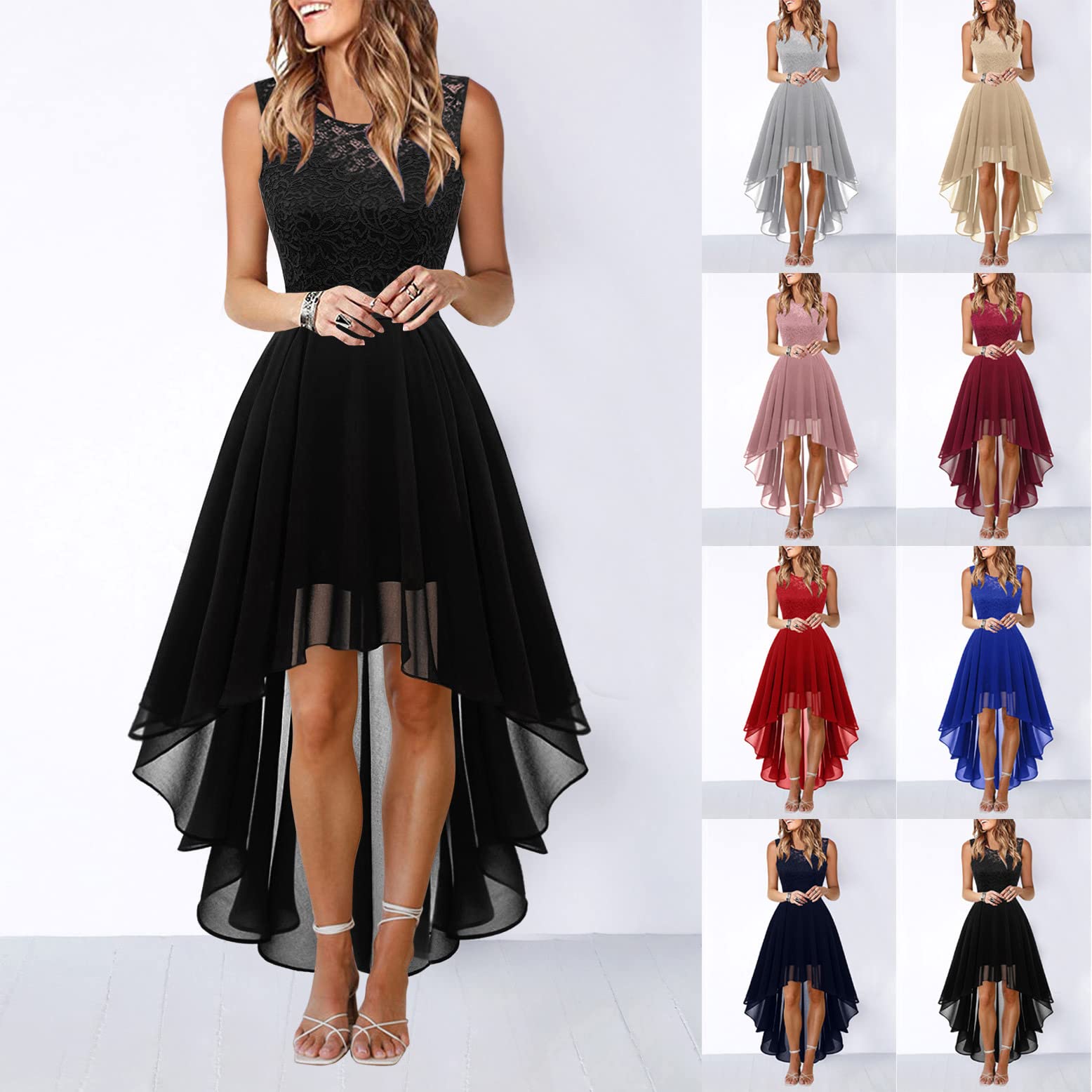 Onsoyours Robe de Cocktail Femme Longue Robes Soirée en Dentelle Mousseline de Soie Robes Chic Elégant sans Manches Sexy Robe Asymétrique