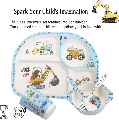 Miniatura 4 de Juego de vajilla para niños de 5 piezas, incluye plato, tazón, tenedor y cuchara, cubiertos para niños, apto para lavavajillas, sin BPA