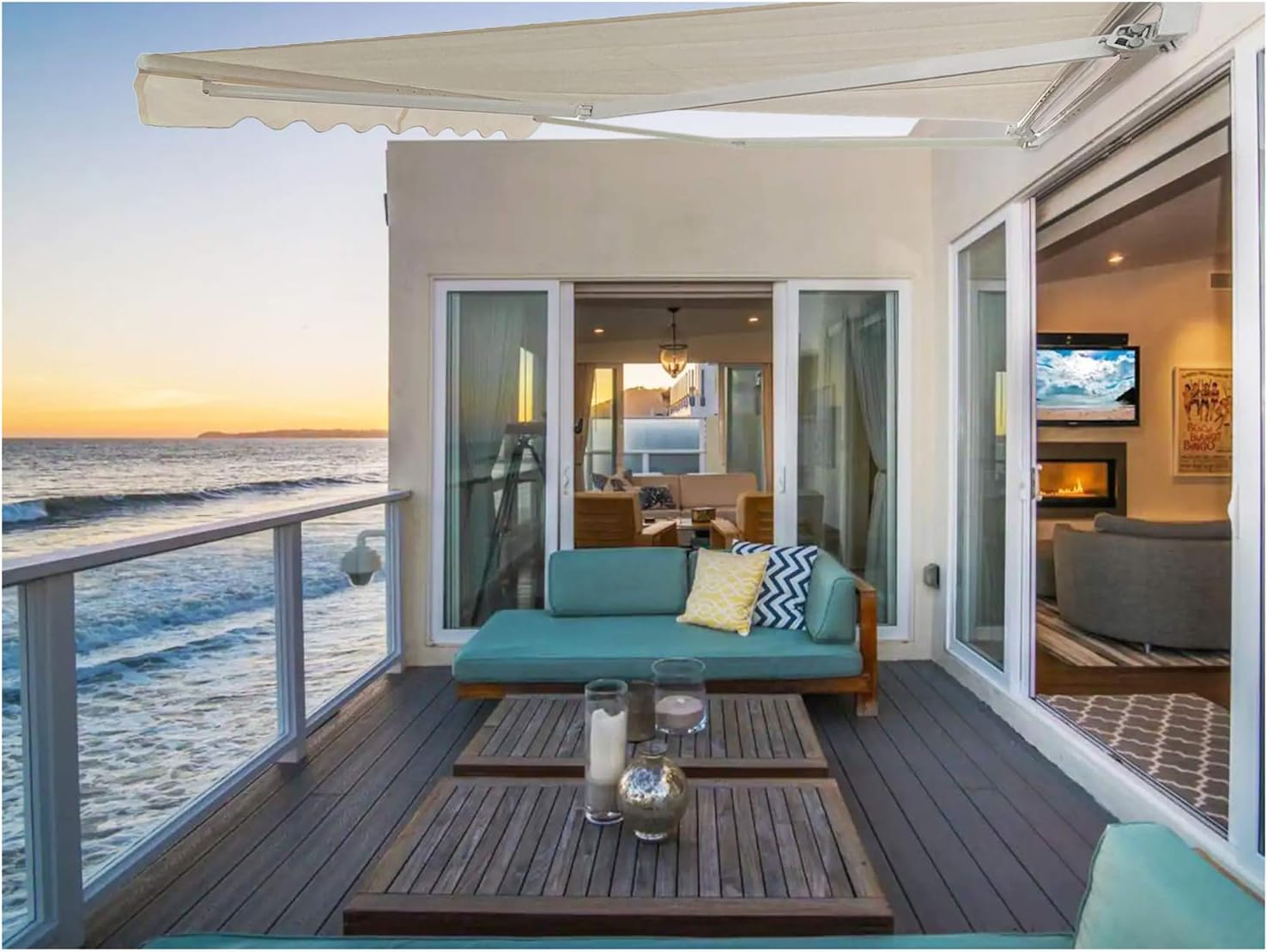 XKH- Ivory Retractable Awning (Manual) Aluminum Water-Resistant Polyester 8'×6.5' Patio Sun Shade W/Hand Crank Pole For Outdoor Home Motorhome RV Restaurants Travel Camper [P/N: SF-HT8X6.5-IVORY]