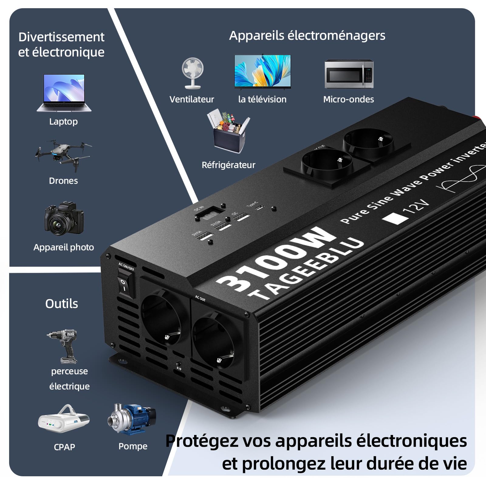 3100W Pur Sinus convertisseur 12v 220v, transformateur 12v 220v