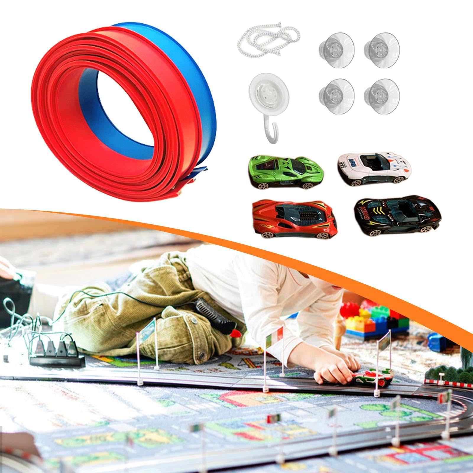 MERIGLARE Pista de Carreras Flex Tracks, Regalo de Cumpleaños con 4 Coches de Carreras Pequeños.