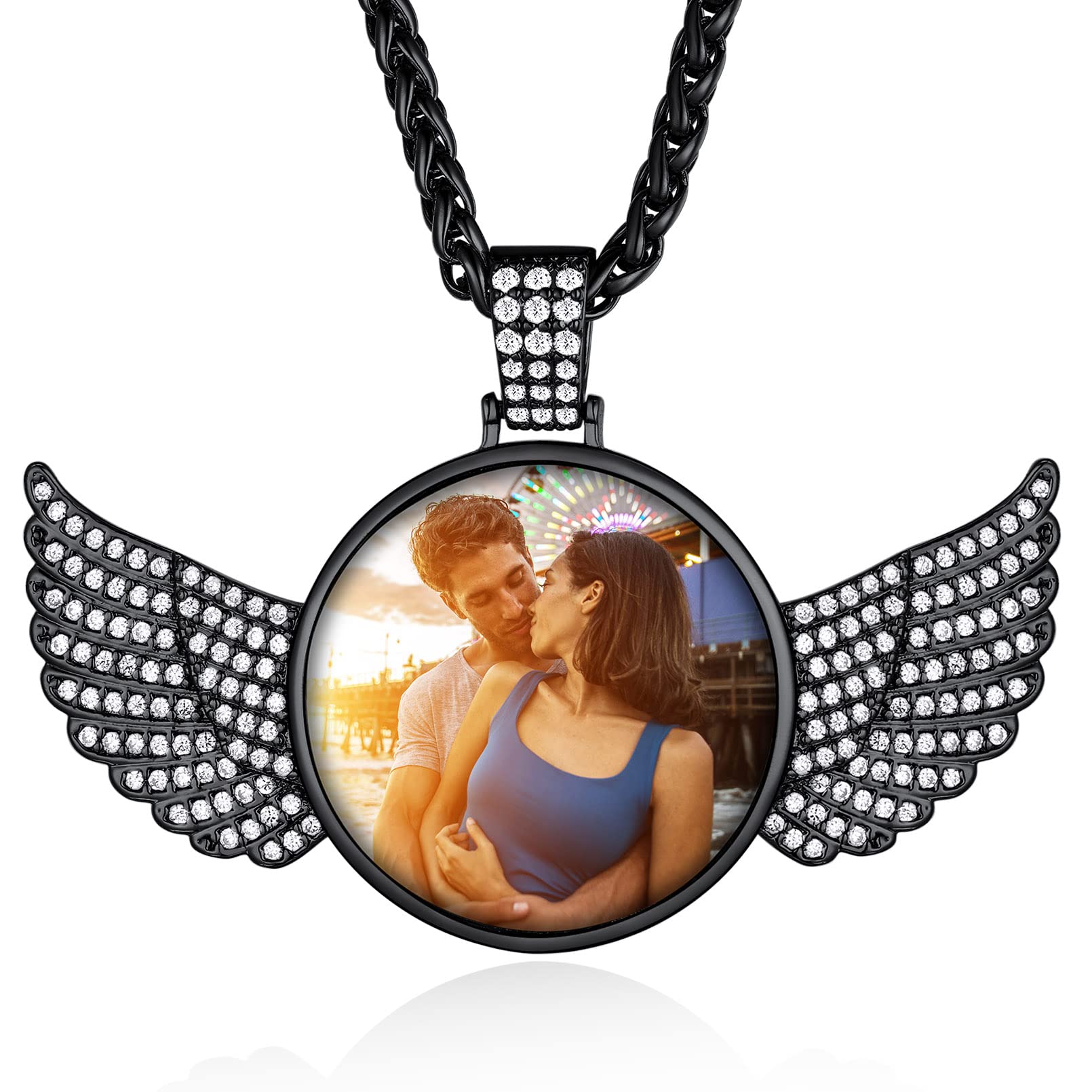 Custom4U Picture Necklace Personalized Photo for Men Women Steel/18K Gold Plated/Black Custom Angel Wings/Heart Pendant Necklace with Picture Memory
