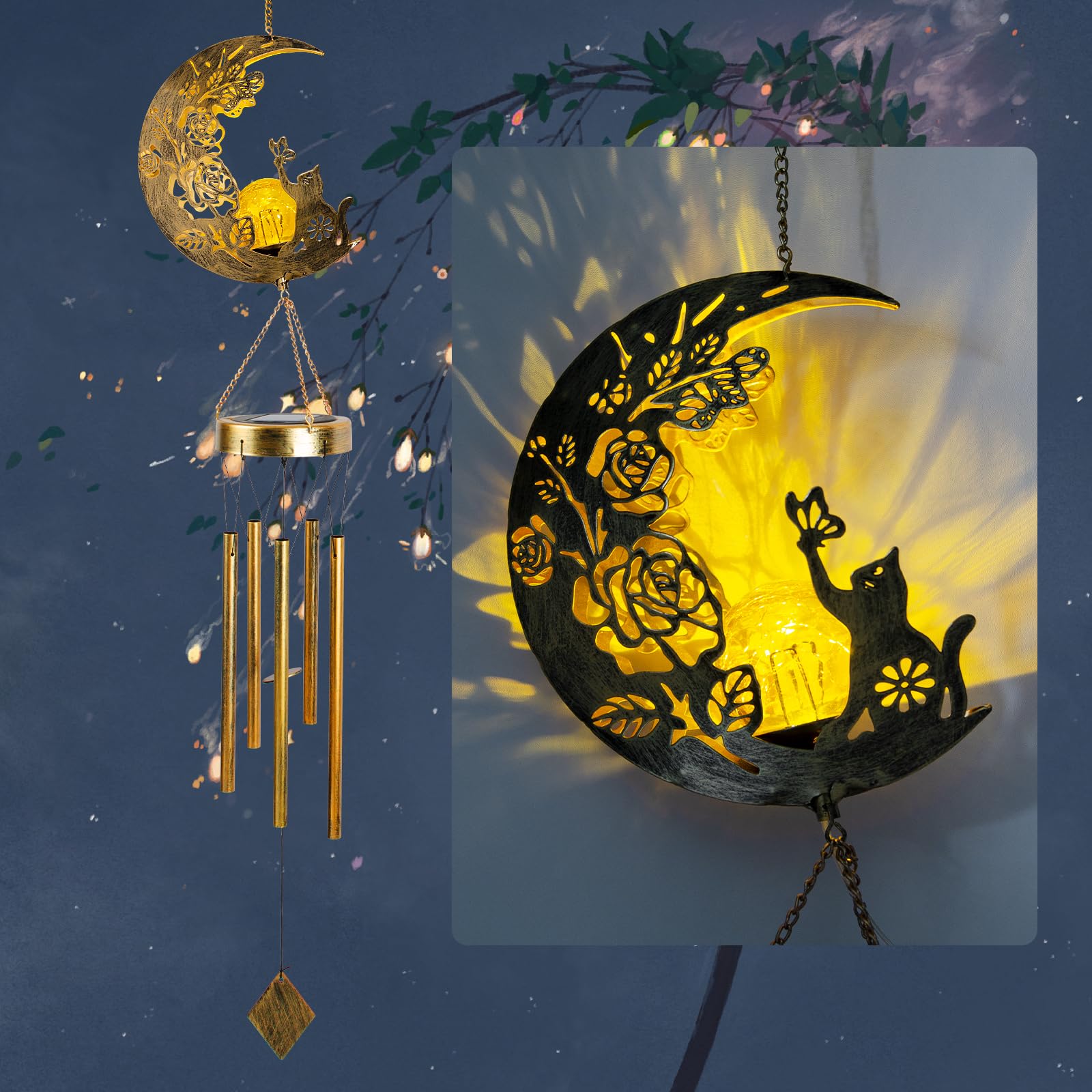 Amazon.com : Cat Moon-Wind Chime, Cat Lover Gift Solar-Lantern