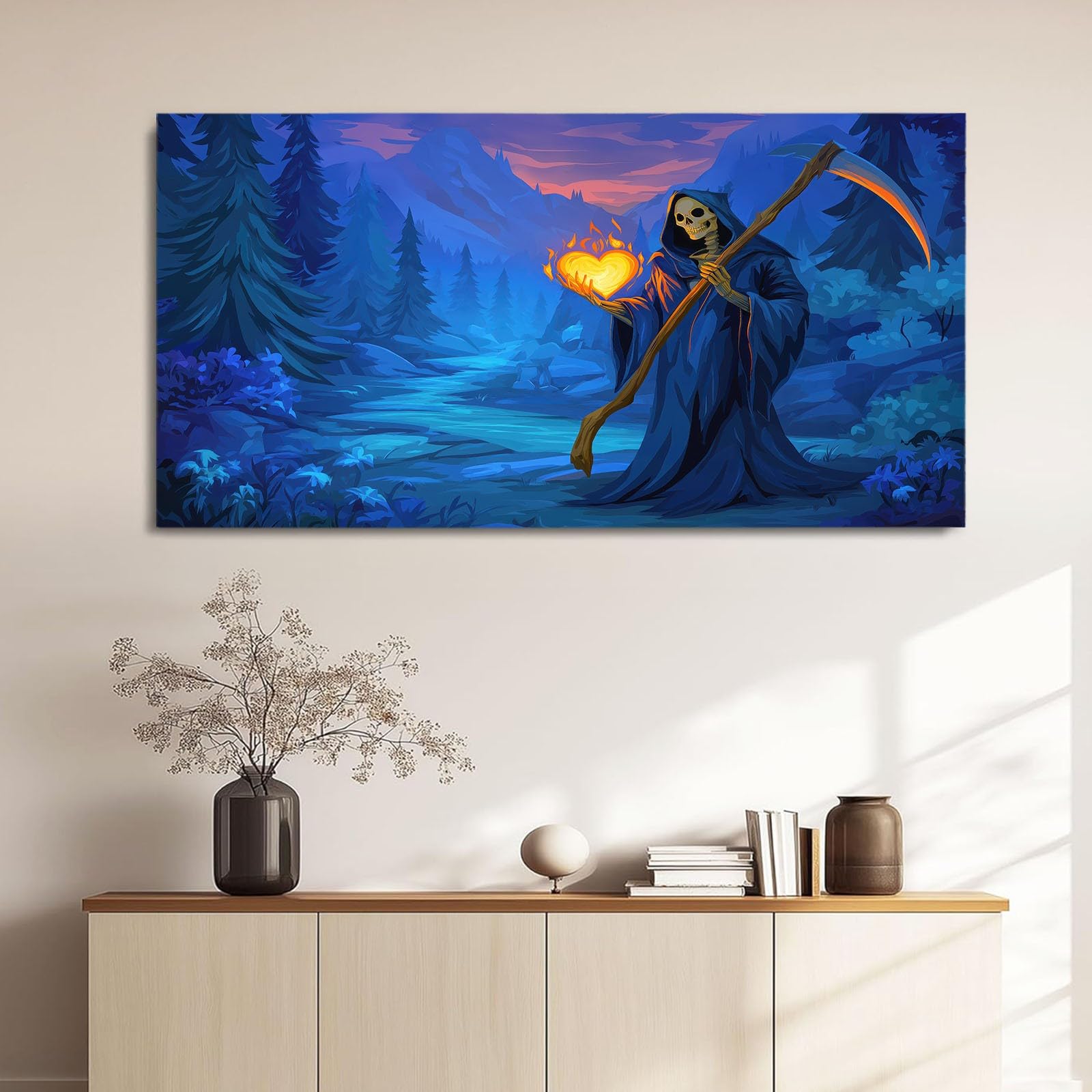 Stampa artistica da parete su tela con cornice gotica fantasy, stampa artistica da parete con cuore di fiamma, decorazione da parete, per camera da letto, soggiorno o ingresso, decorazione per la casa