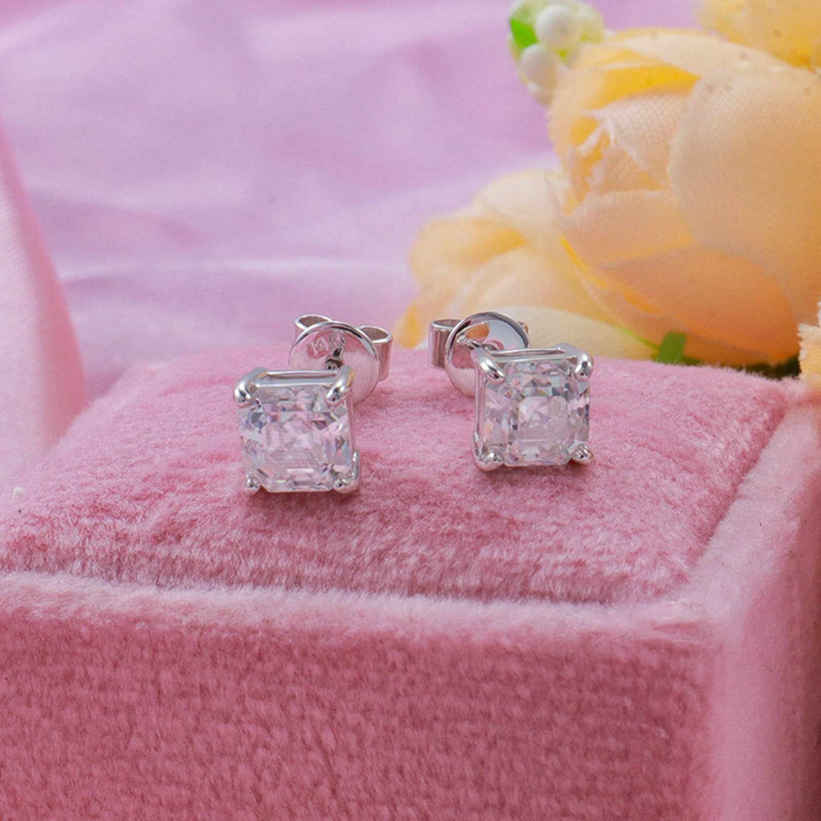 18K Weißgold Ohrringe Lang Gold Hochzeit Asscherschliff Weiß Moissanit Einfach Ohrstecker