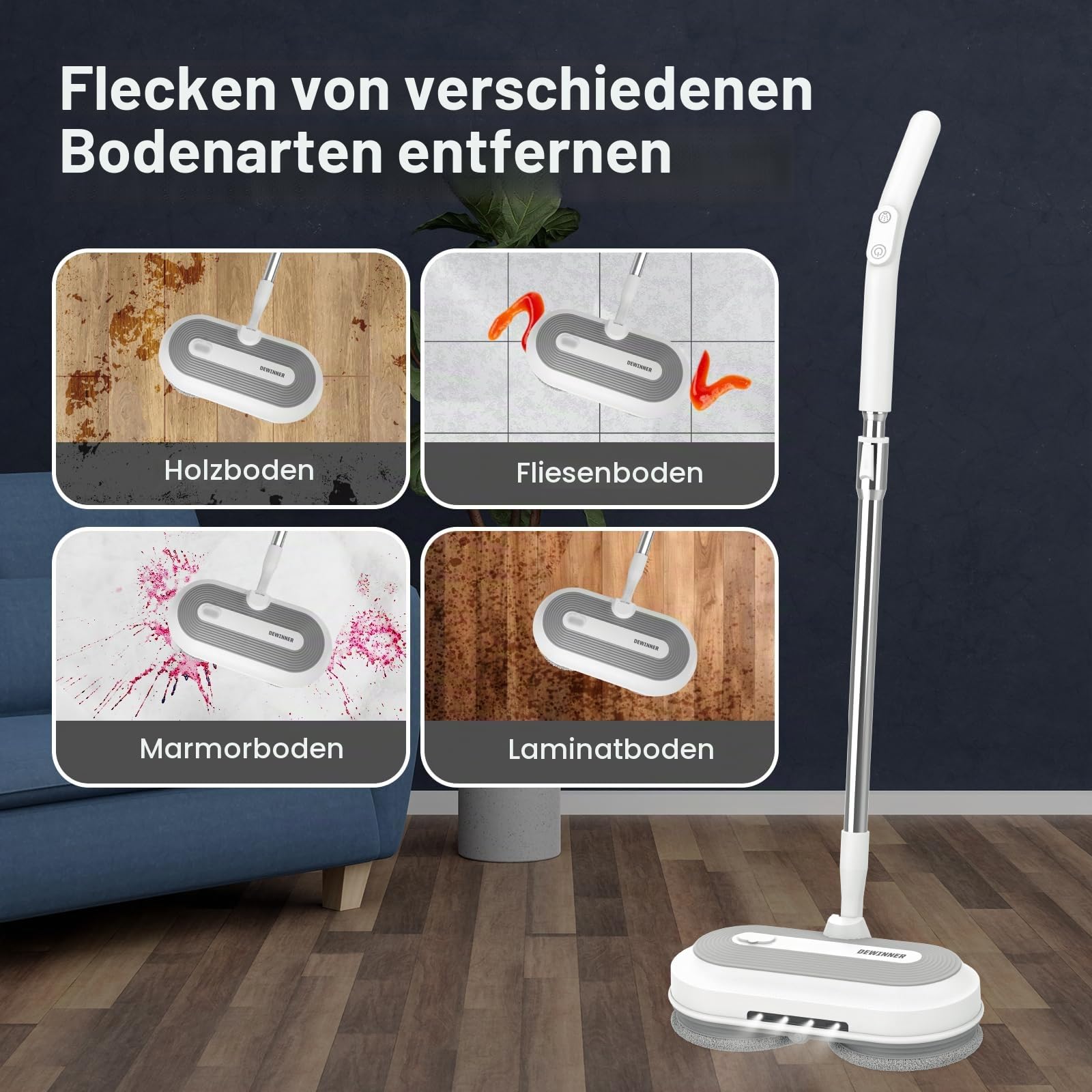 DEWINNER Kabelloser Wischmopp mit 2.0Ah Akku & 300ml Wassertank | Doppel-Rotationssystem (150 U/min) | LED-Arbeitslicht | Höhenverstellbar | Für Böden & Terrassen