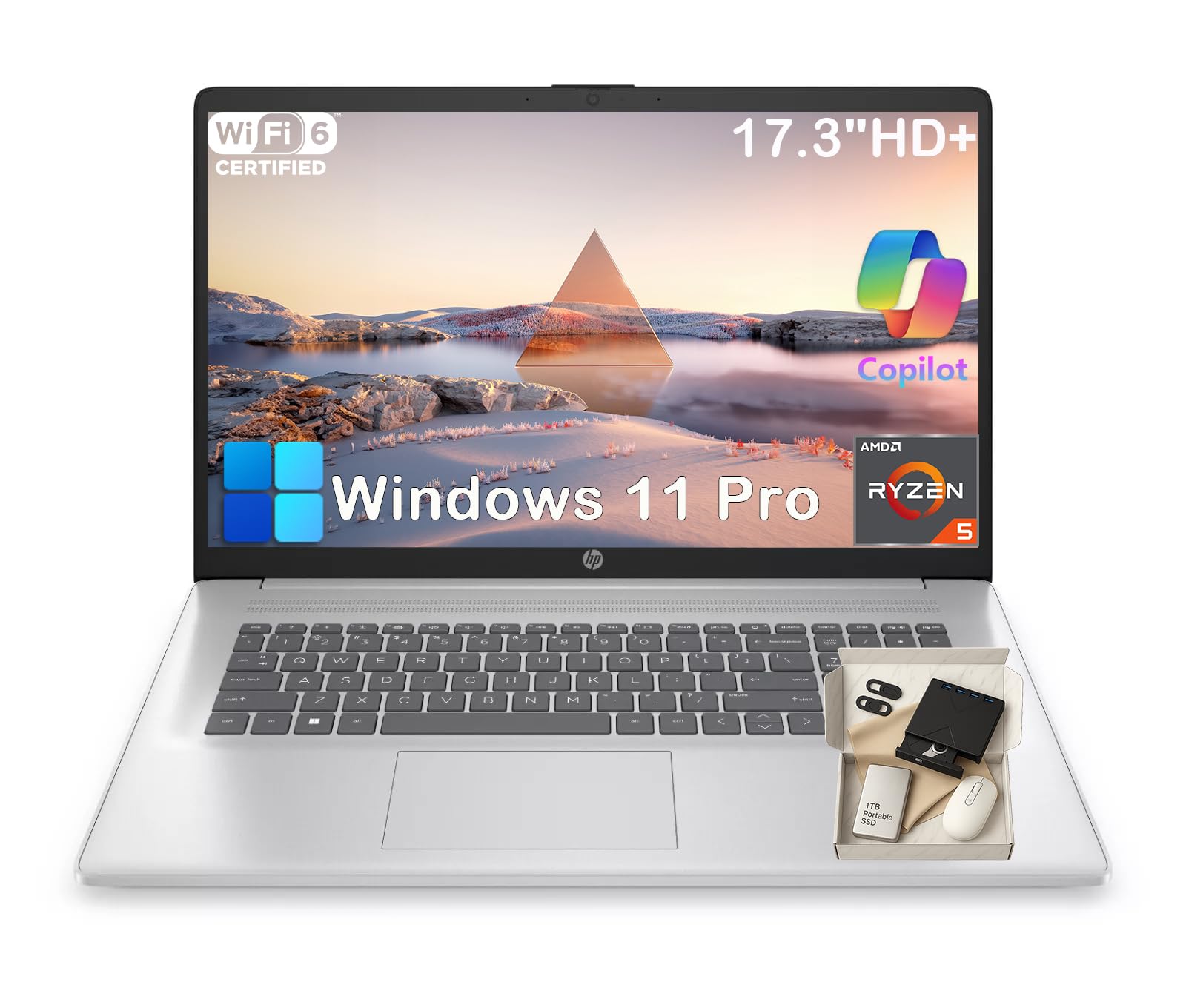 HP New 17 Laptop Computer - 17.3" HD+ Anti Glare Display • AMD Ryzen 5 7430U CPU • Wi-Fi 6 • Win 11 Pro • Copilot Fast Charge • for Business & Student