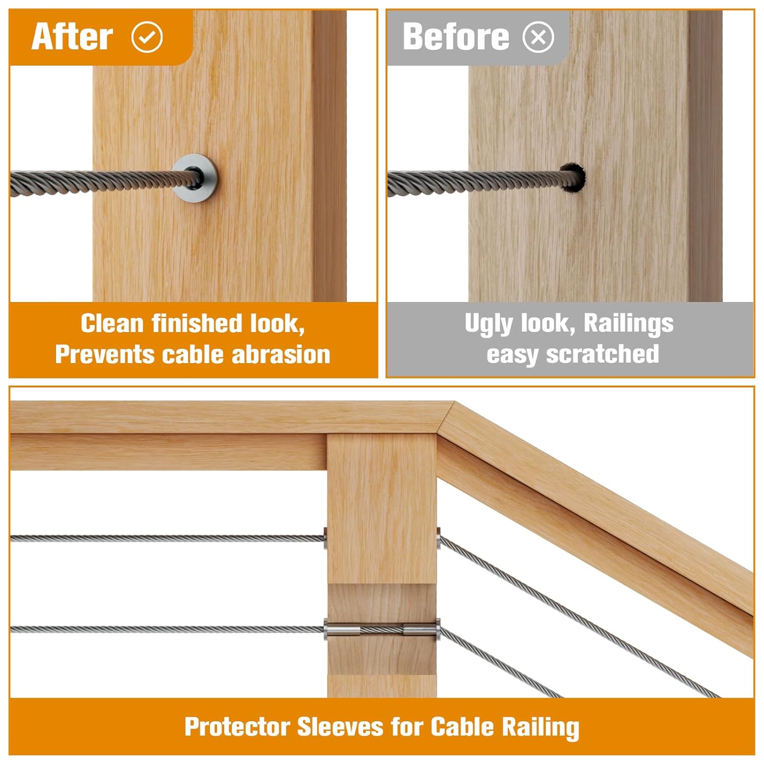 Cable Railing Protector Sleeves - 50 Pack T316 Stainless Steel Protective Sleeves - 1/8" 3/16" 5/32" Deck Cable Railing Hardware Kit for Wood Posts