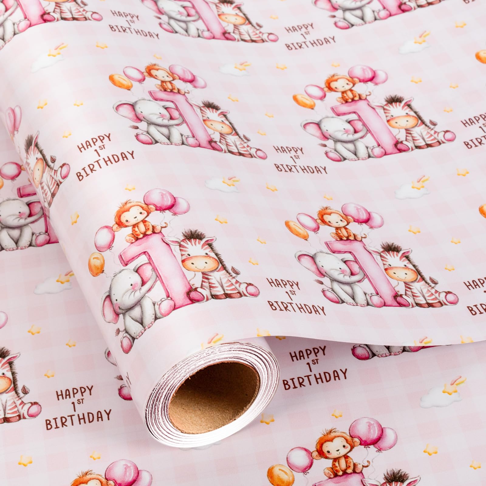 Wikadlik Pink Safari Animal 1st Birthday Wrapping Paper - 43cm x 5m Mini Roll Cute Elephant Zebra Monkey Pattern Gift Wrap for Baby Girl Birthday Parties