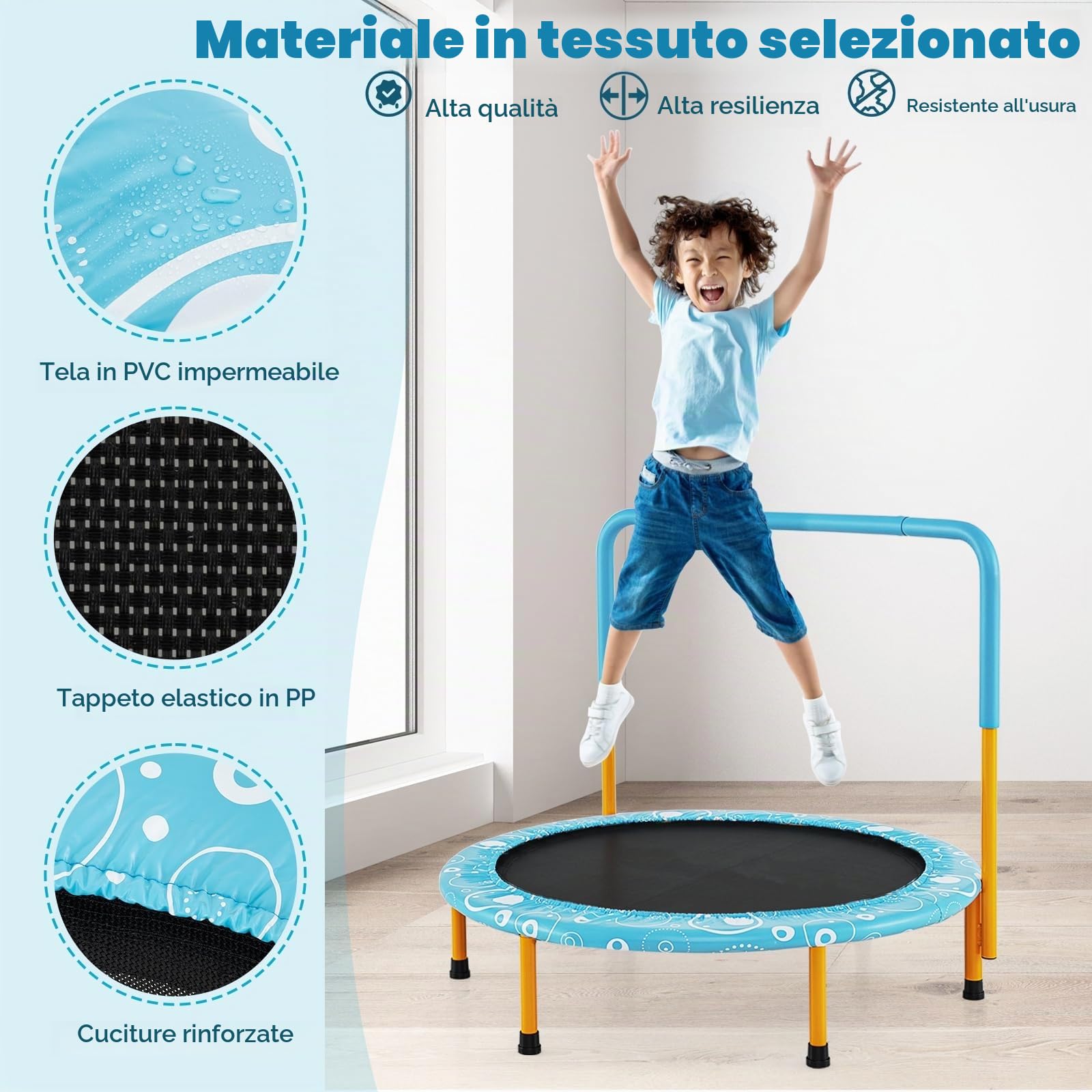 LIFEZEAL Trampolino Elastico per Bambini 3-10 Anni, Ø92x81cm, Mini Trampolino per Interno, Salta, Jump, con Maniglia e Gambe Rimovibili, Sicuro, Pieghevole, Telaio in Metallo, Regalo, Max 150kg