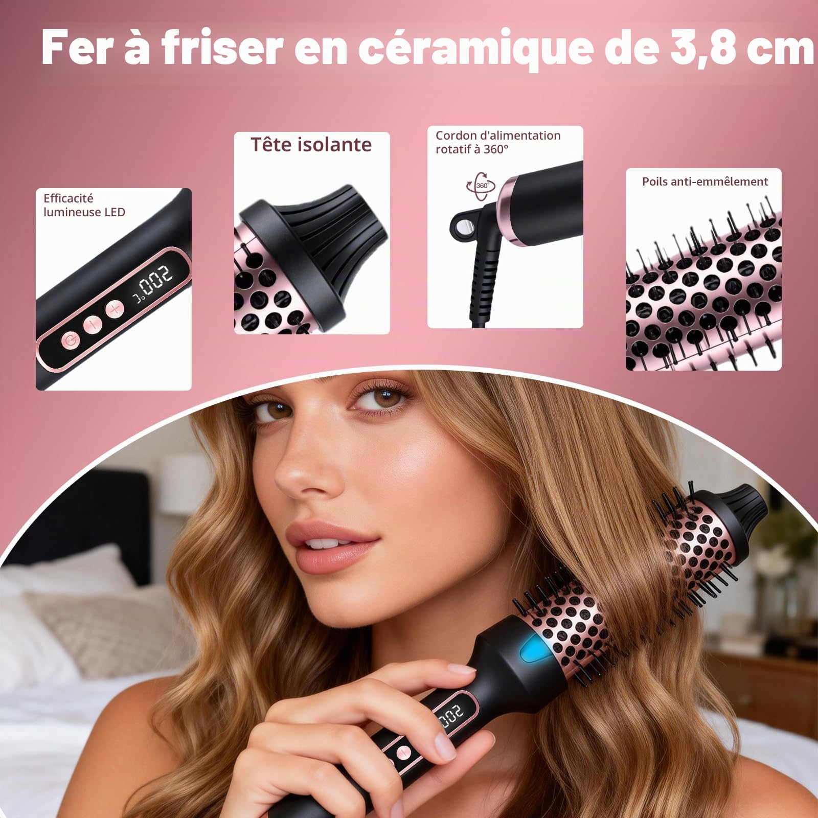 Brosse Chauffante Céramique, 38 mm Thermal Brush 3 in 1, LCD 100-210 °C,Lissage, Boucles Souples, Volume, Design Ionique Anti-Frisottis,5 Réglages de Température,Chauffage Rapide (Style 1)