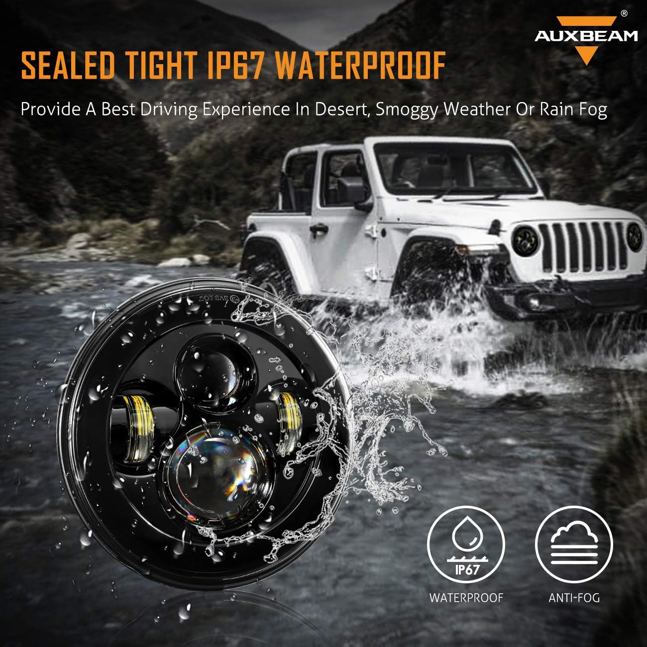 Auxbeam 7 Inch Round LED Headlights Replacement for Jeep Wrangler JK TJ LJ CJ Rubicon Sport Sahara Hummer H1 H2, 7" LED Headlamps for Unlimited JKU Peterbilt Ford H6024 Headlights, Black