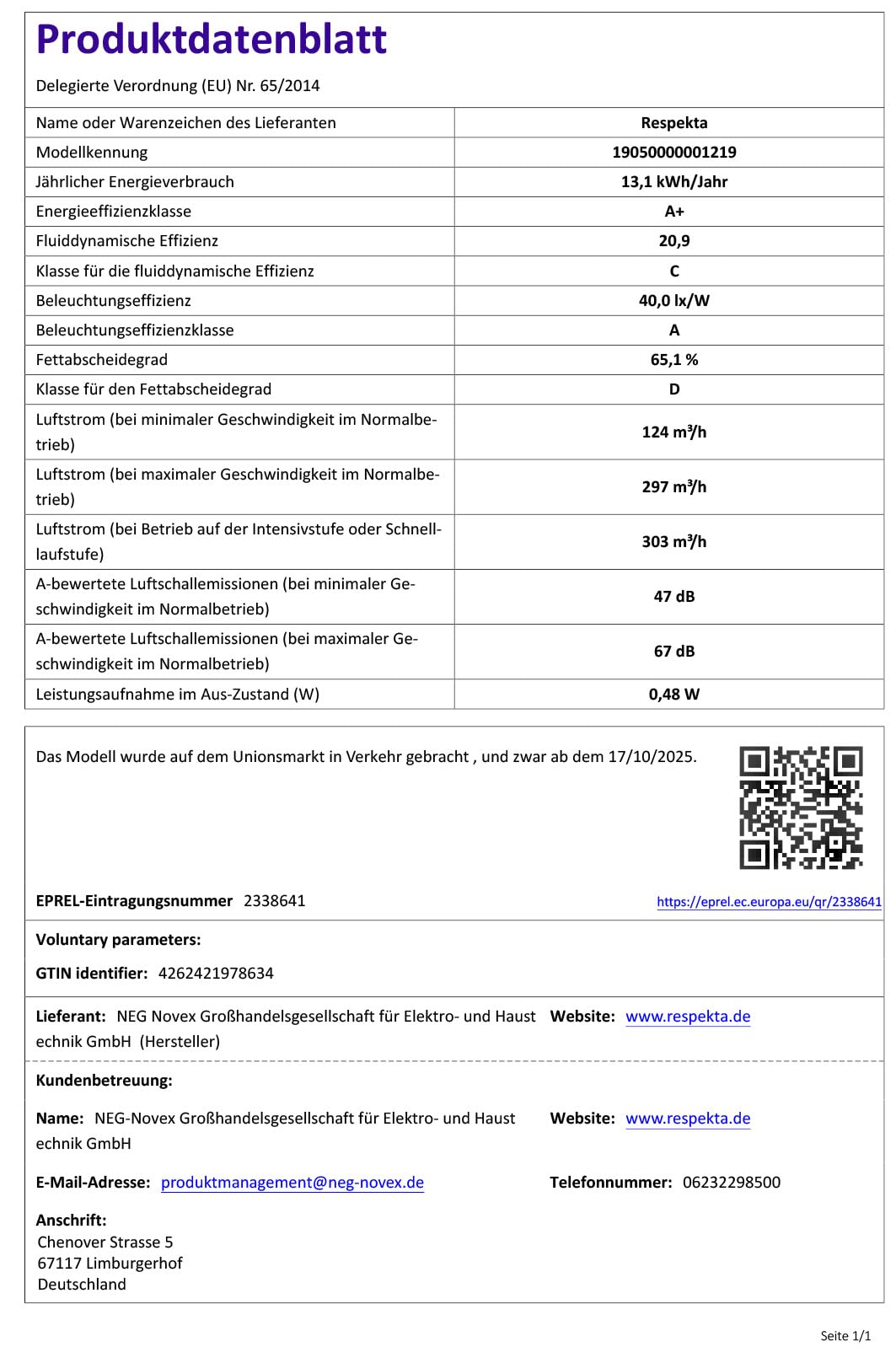 Respekta Dunstabzugshaube in matt schwarz mit Glasschirm/Kopffreie Schräghaube 60 cm/A+ / Abluft- und Umluftbetrieb/Luftstrom 297,9 m³/h / 47–67 dB / CH35060MS-19