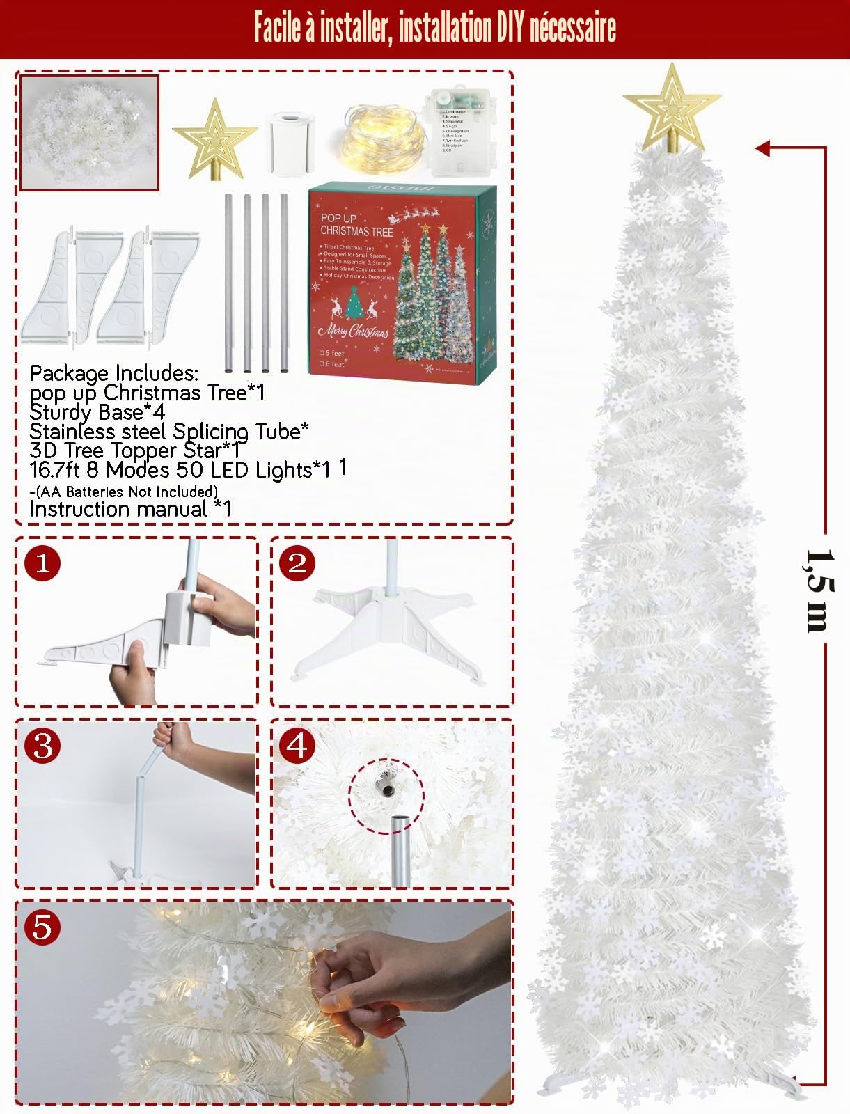 HMASYO Sapin de Noël pop-up de 1,5 m avec lumières minuterie, sapin de Noël blanc avec flocons de neige, sapin de Noël artificiel pliable pour la maison, le bureau, assemblage facile
