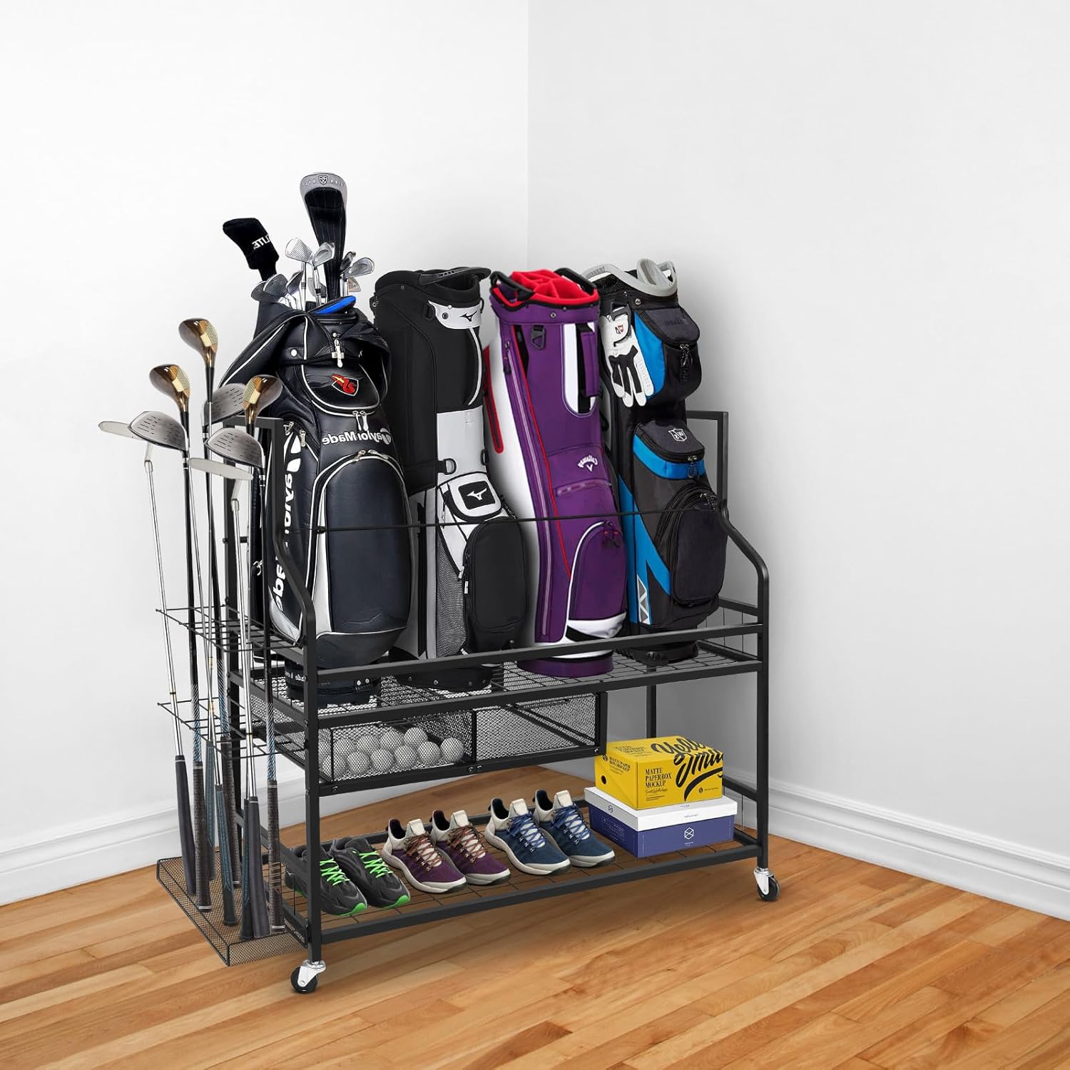 Techlnovat Golf Storage Garage Organizer, Extra Large Size Golf Bag Organizer and Storage Rack Stand Holds 4 Golf Organizer for Garage,Shed, Basement