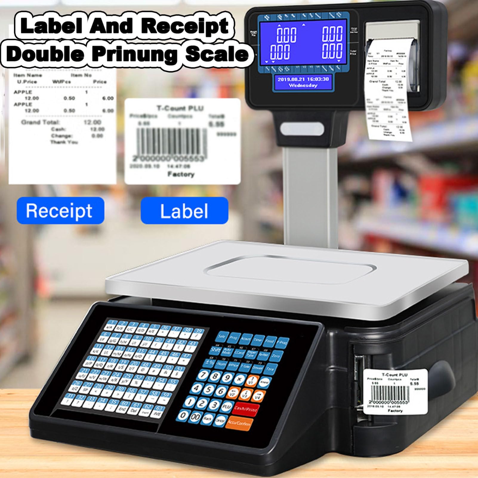 Waga z drukarką etykiet, waga do 30 kg, z wyświetlaczem kasy fiskalnej, z drukarką termiczną, do sklepu detalicznego, spożywczego, mięsnego Machine+Scanner+Cashbox